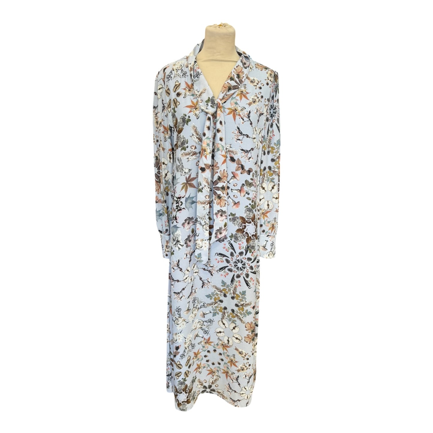 Marc Cain Tie Neck Blue Autumnal Print Dress - 14