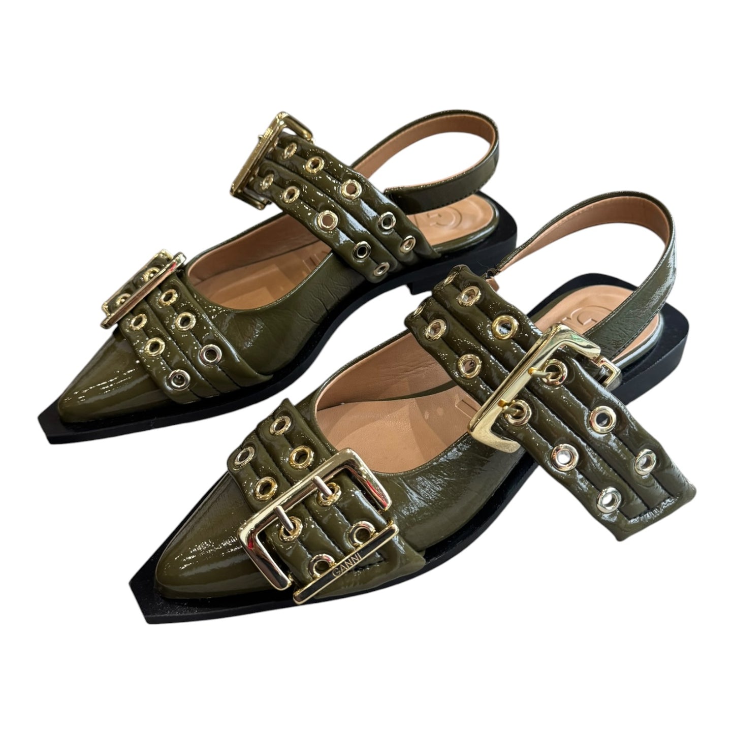 Ganni Khaki Buckle Ballerina Patent Slingback Flats - 37/4 - NEW