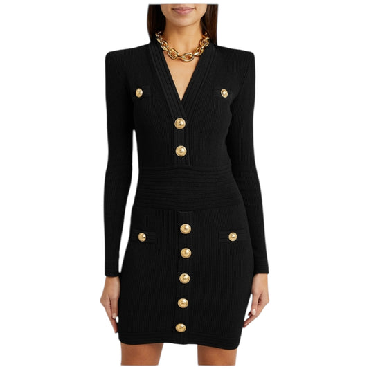 Balmain Black Ribbed Stretch-Knit Mini Dress - 8 - NEW