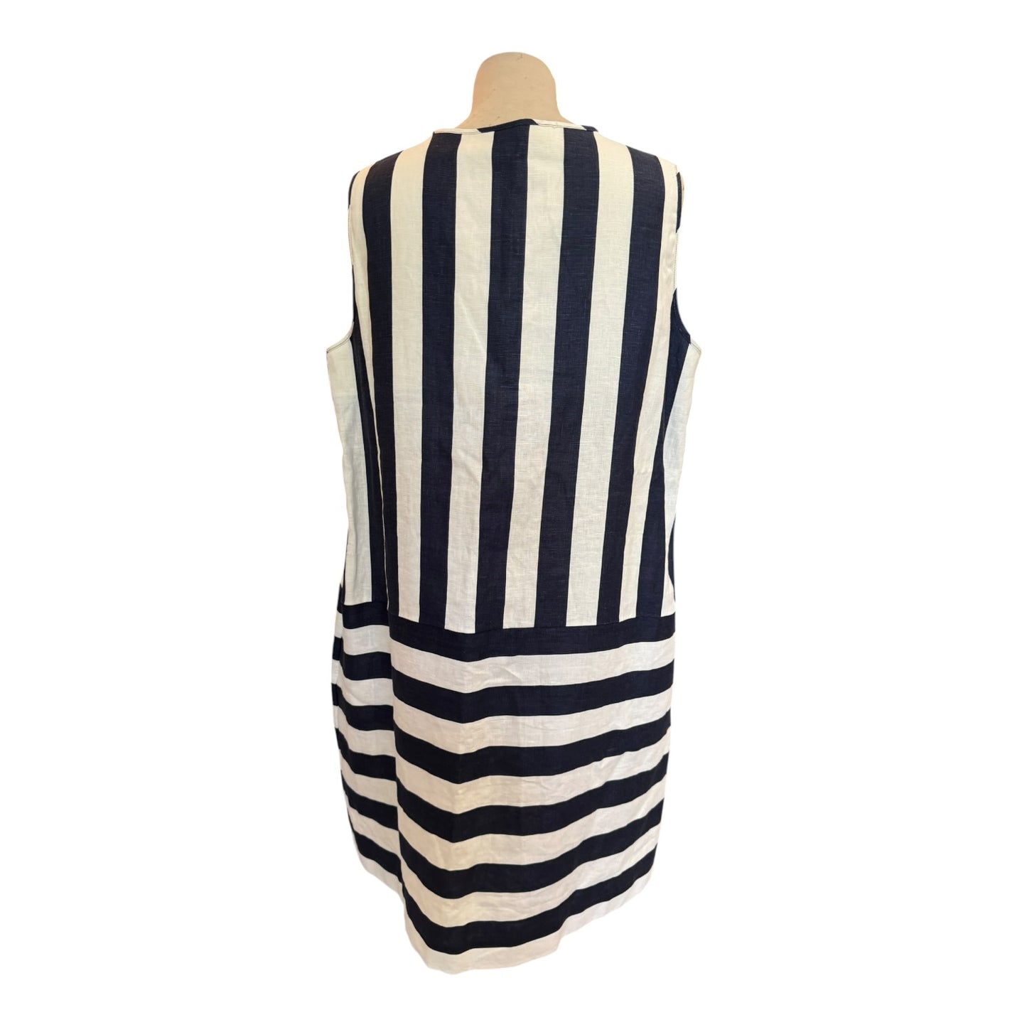 Jaeger Pure Linen Navy and White Striped Shift Dress - 18 - NEW