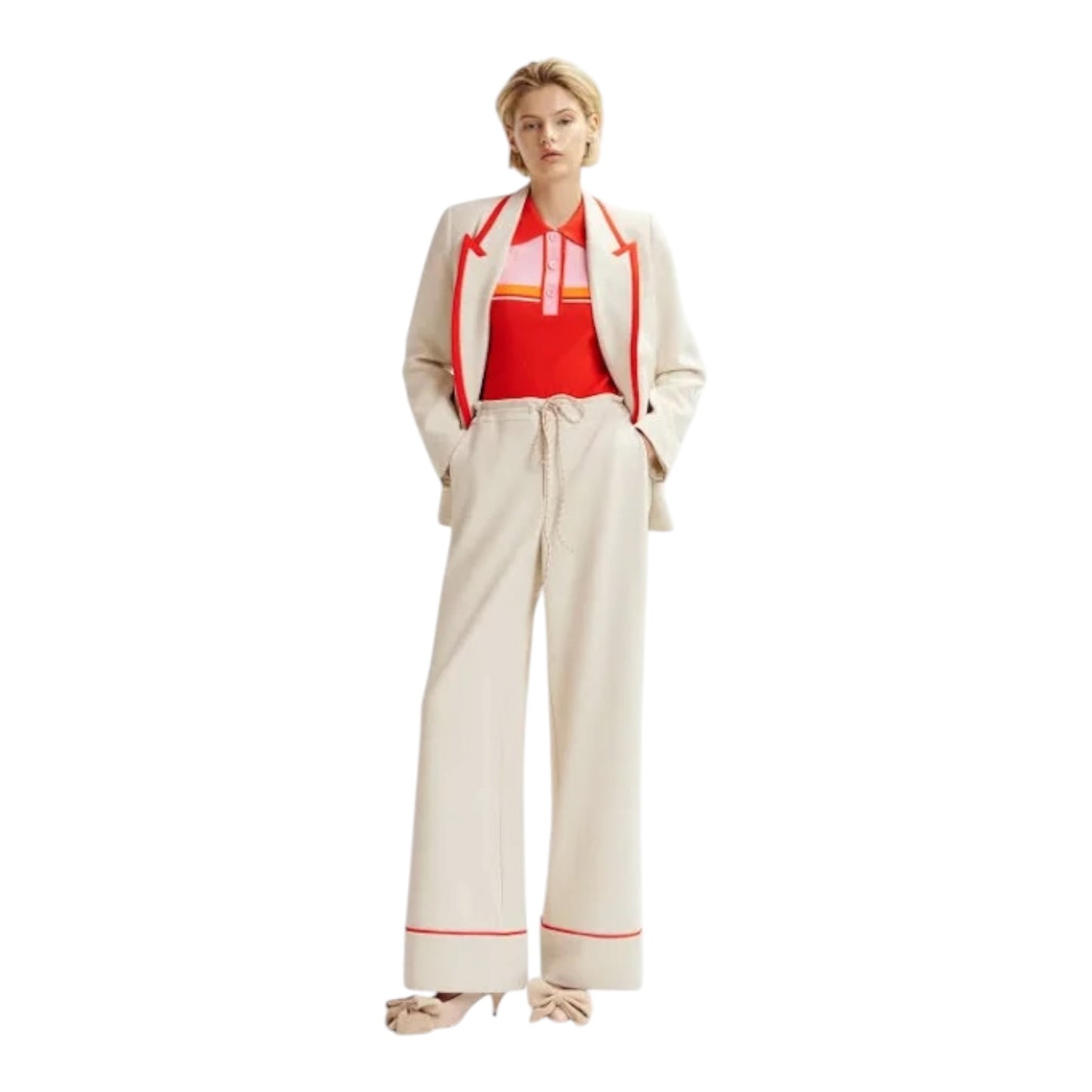 Essentiel Antwerp Off White Red Trim Trouser Suit - 14 - NEW