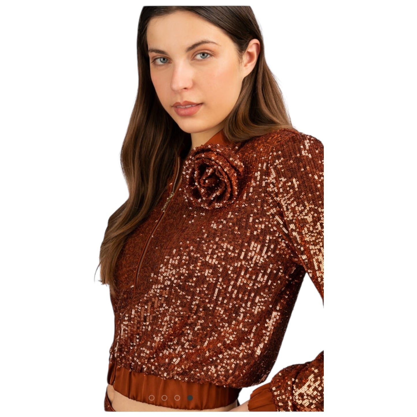 Blugirl Bronze Sequin Bomber Jacket with Rosette - 10