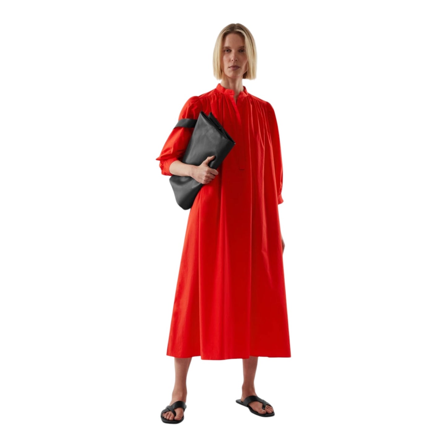 COS Tomato Red Puff-Sleeve Belted Dress - 12/14