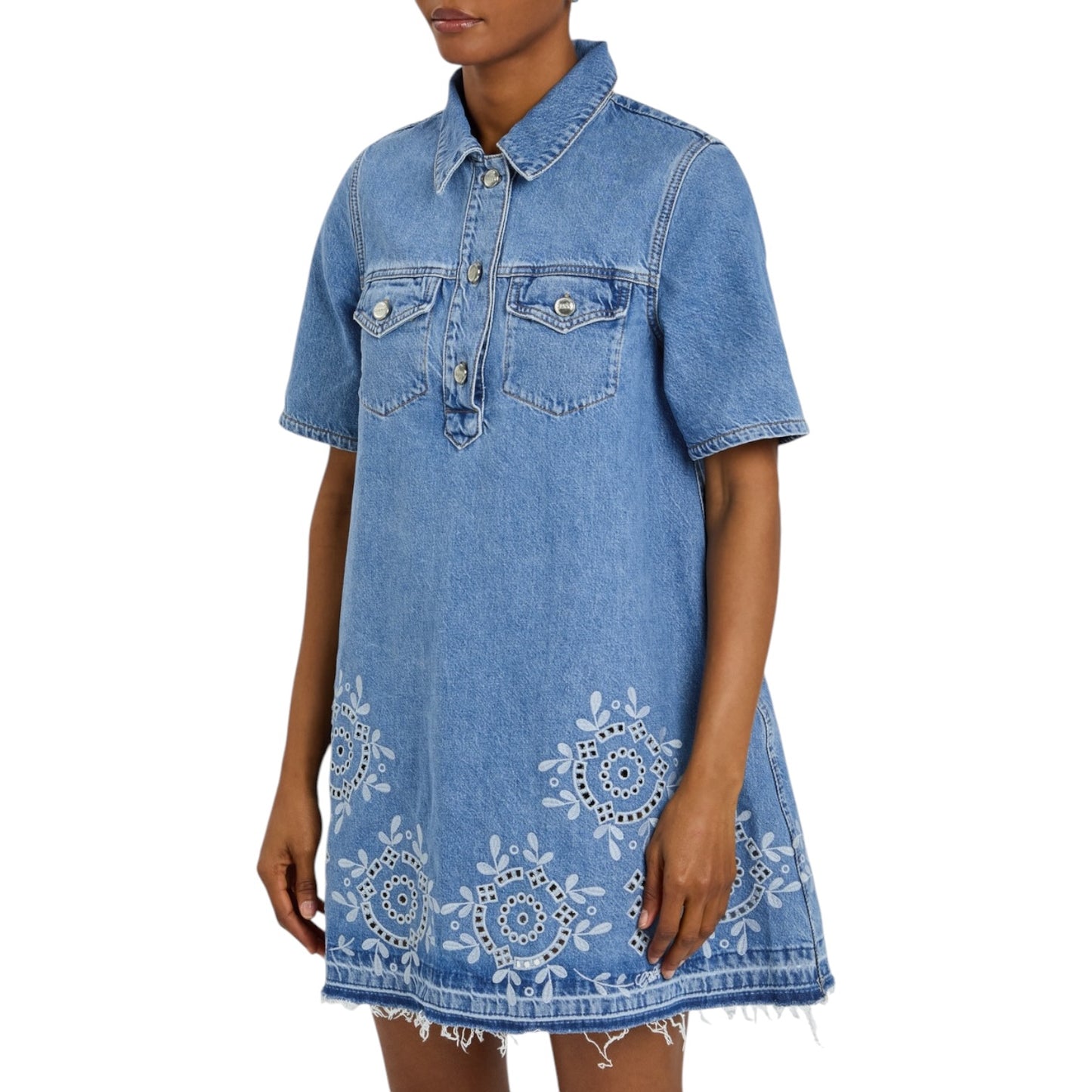 Ganni Broderie Anglaise Denim Mini Dress - 10