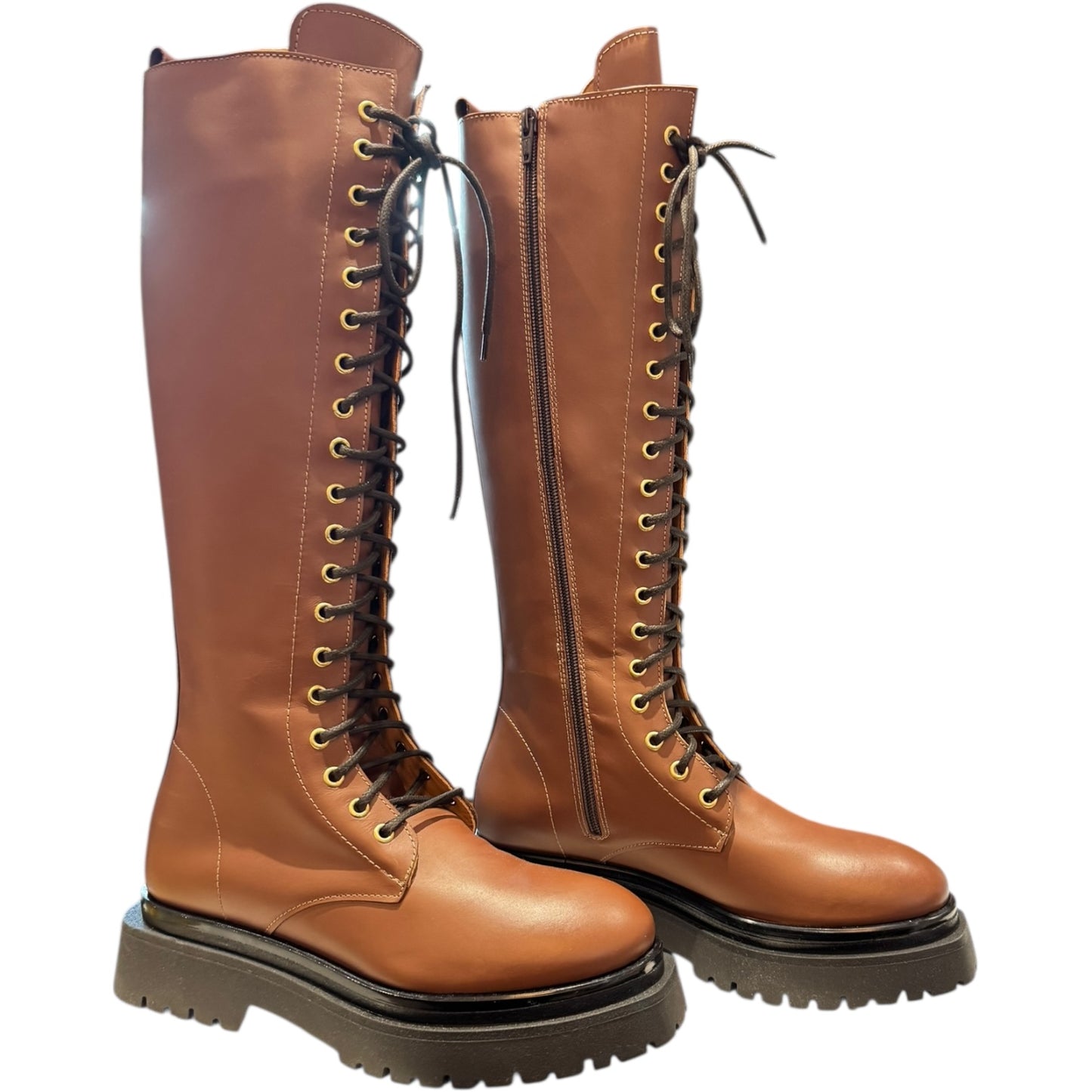 8 By Yoox Brown Leather Lace-Up Tall Boots - 38 / 5