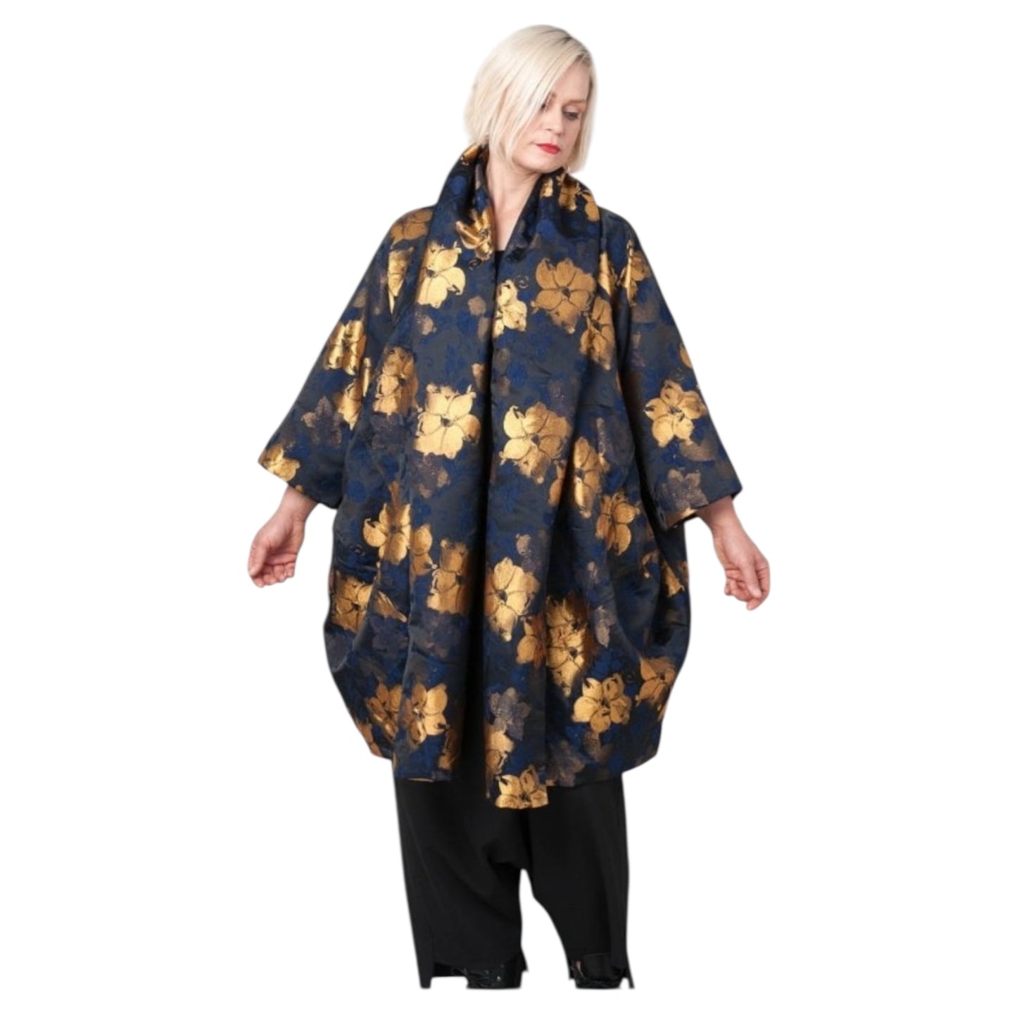 Alembika Exquisite Black Blue & Gold Flower Print Coat - One Size