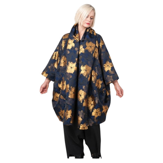 Alembika Exquisite Black Blue & Gold Flower Print Coat - One Size