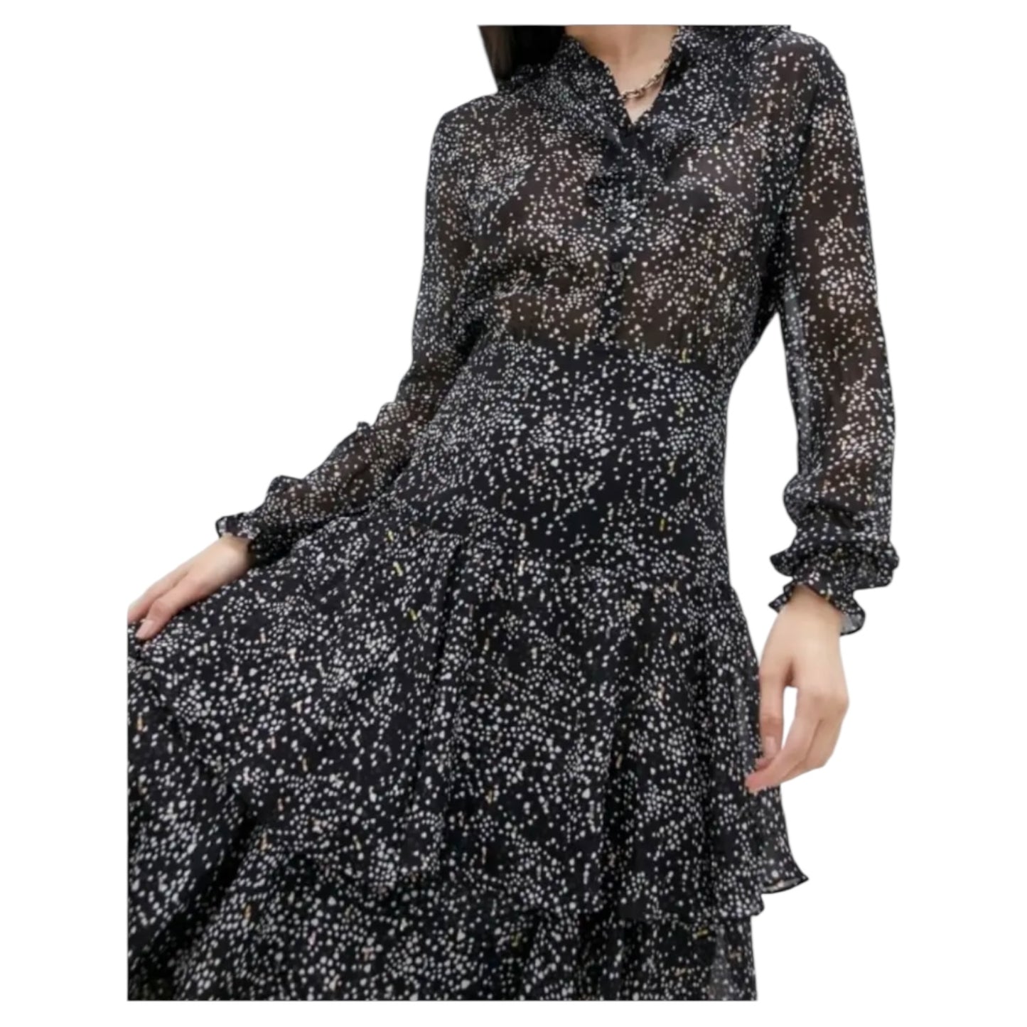 Maje Black, White and Gold Shimmer Silk Tiered Dress - 10
