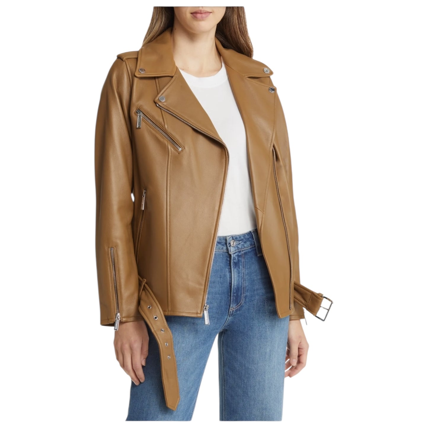 Michael Kors Coffee Oversized Moto Leather Jacket - 14/16 - NEW