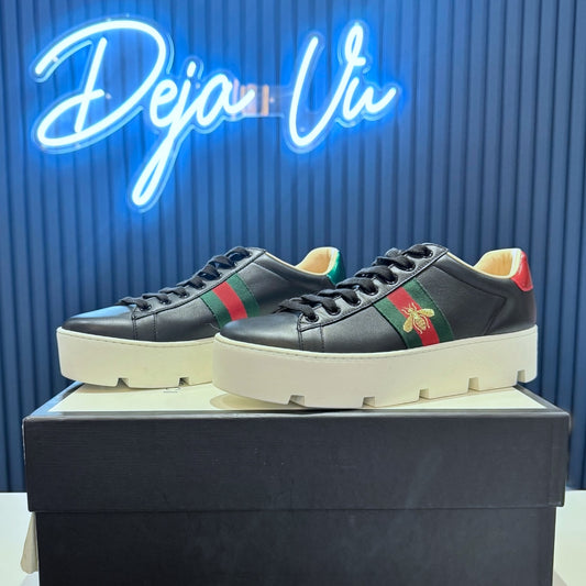 Gucci Black Leather Bee Embroidered Ace Platform Sneakers - 39/6