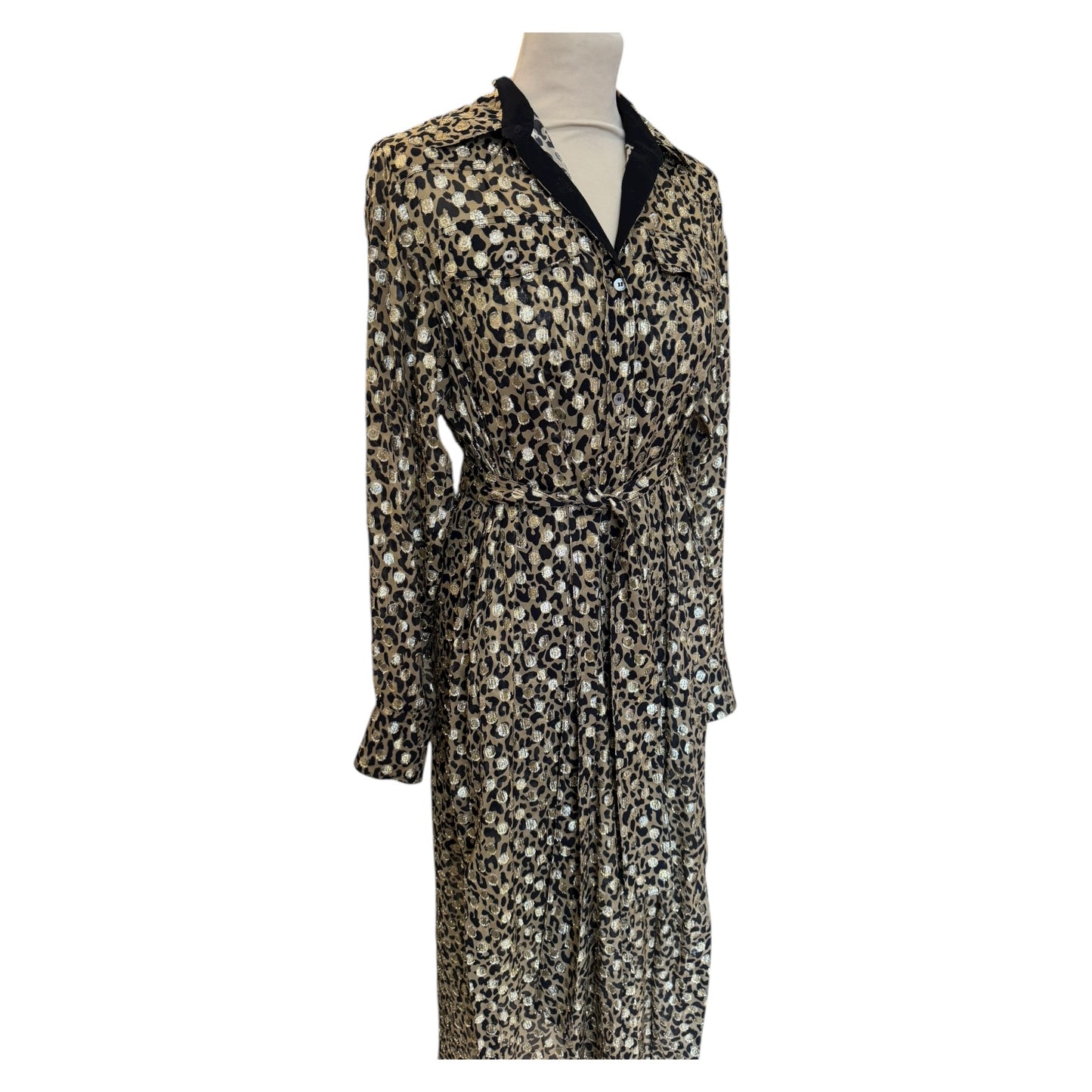 Golden Goose Belted Leopard-Print Metallic Midi Shirt Dress - 12
