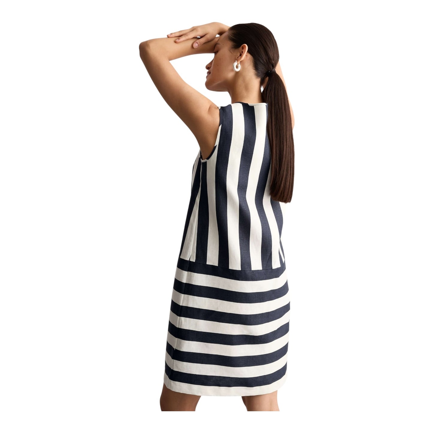 Jaeger Pure Linen Navy and White Striped Shift Dress - 18 - NEW