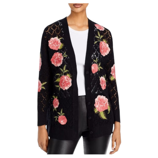 Alice + Olivia Black and Pink Floral Embroidered Cardigan - 12