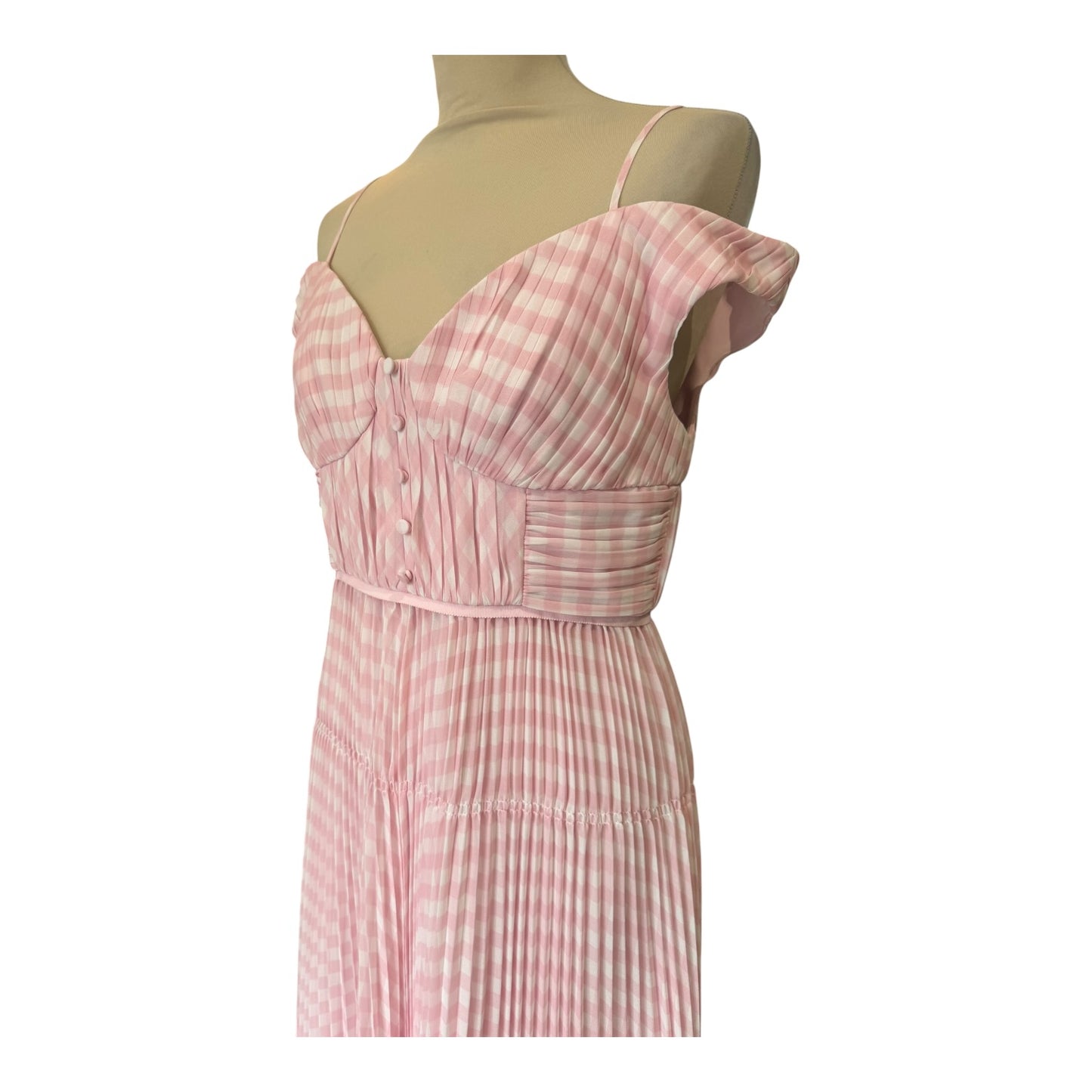 Self-Portrait Gingham Plissé Chiffon Midi Dress - 10 - NEW