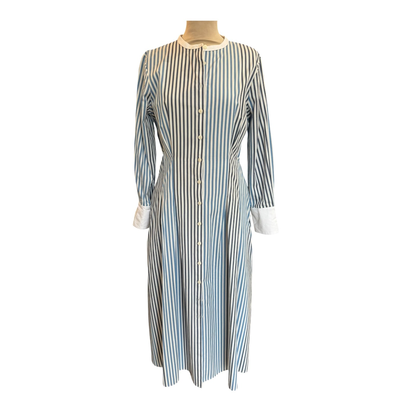 Jaeger Pure Cotton Blue Striped Midi Waisted Dress - 10