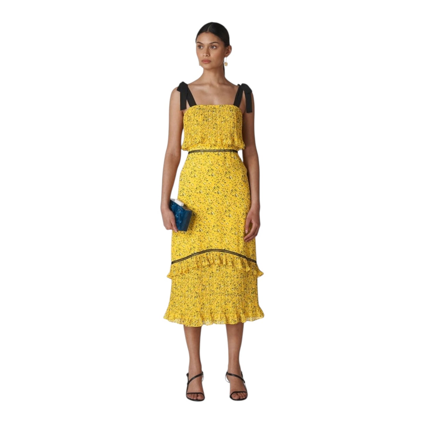 Whistles Yellow Ditsy Blossom Pleated Dress - 8