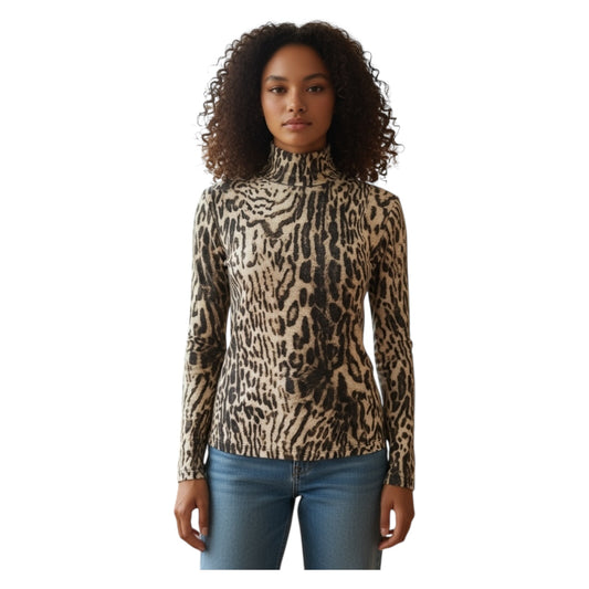 Marc Cain Beige and Black Animal Print Polo Neck Top - 14 - NEW