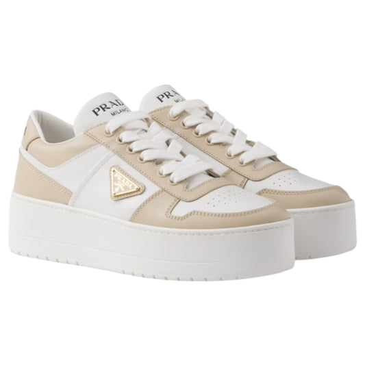Prada Downtown Bold Leather Sneakers in Desert Beige and White - 39 / 6