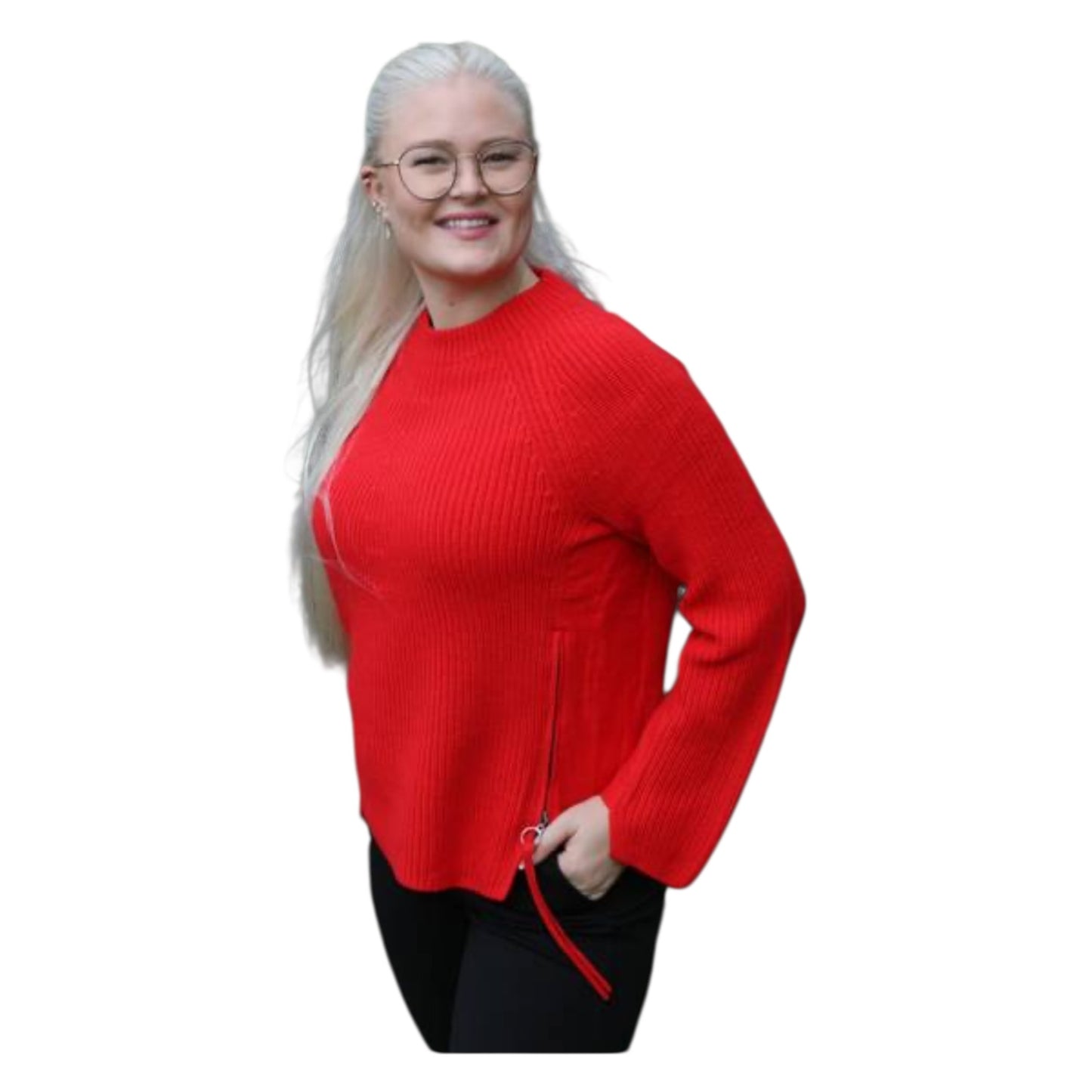 Oui Red Cotton Rib Knit Sweater - 18