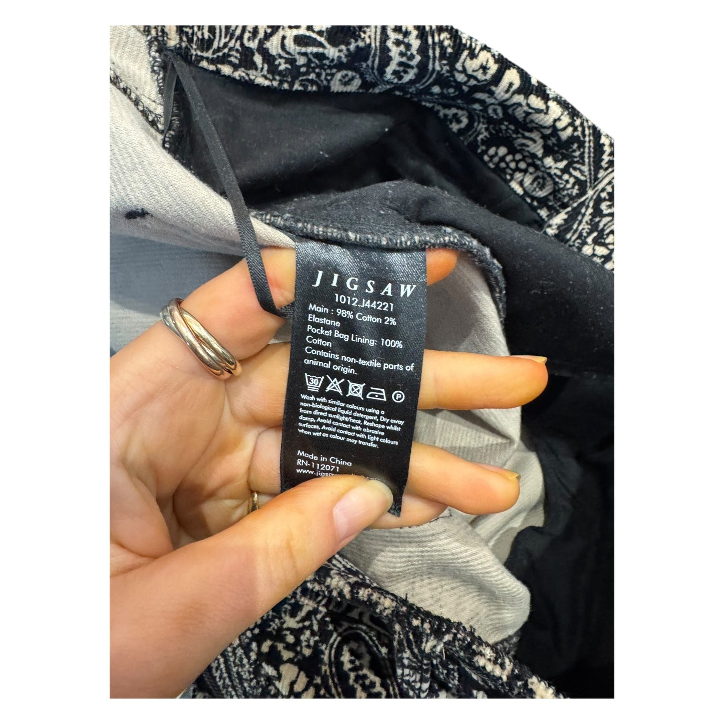 Jigsaw Black and Cream Paisley Cord Trousers - 10/12