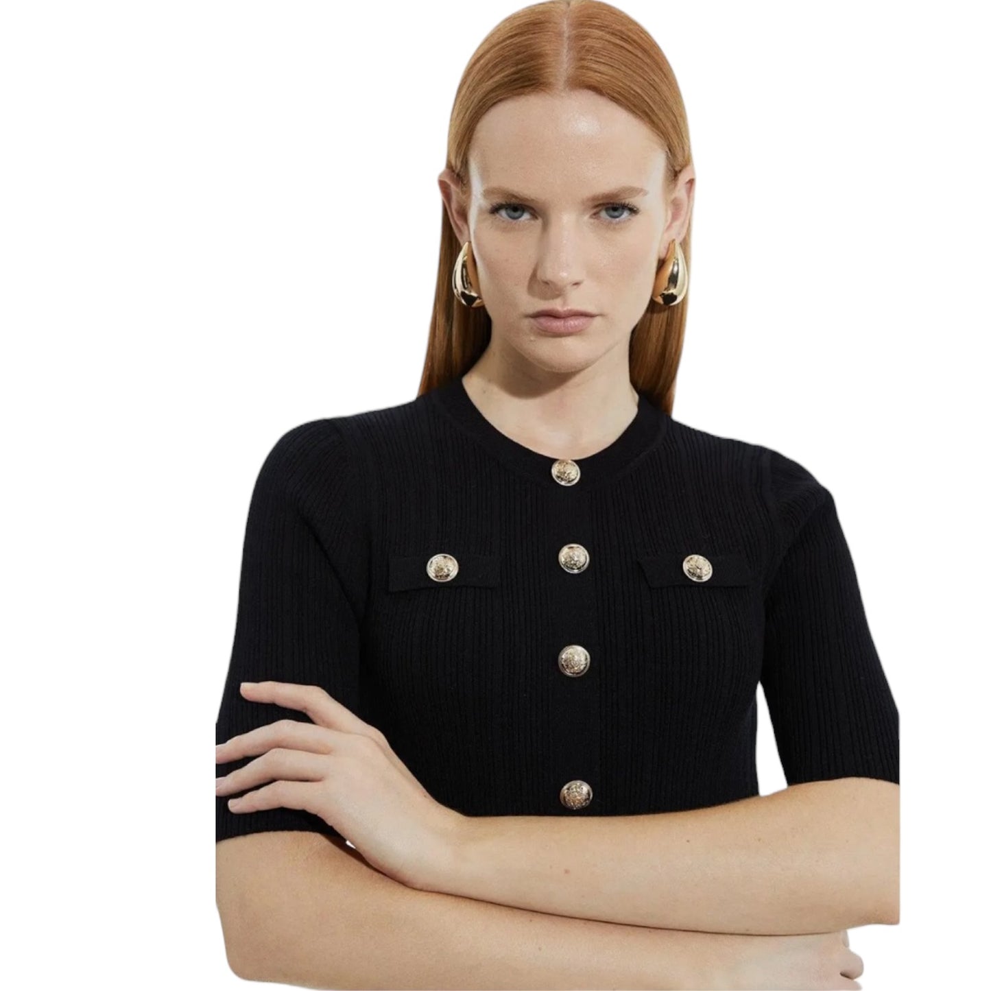 Karen Millen Black Rib Knit Military Trim Maxi Dress - 8/10 - NEW