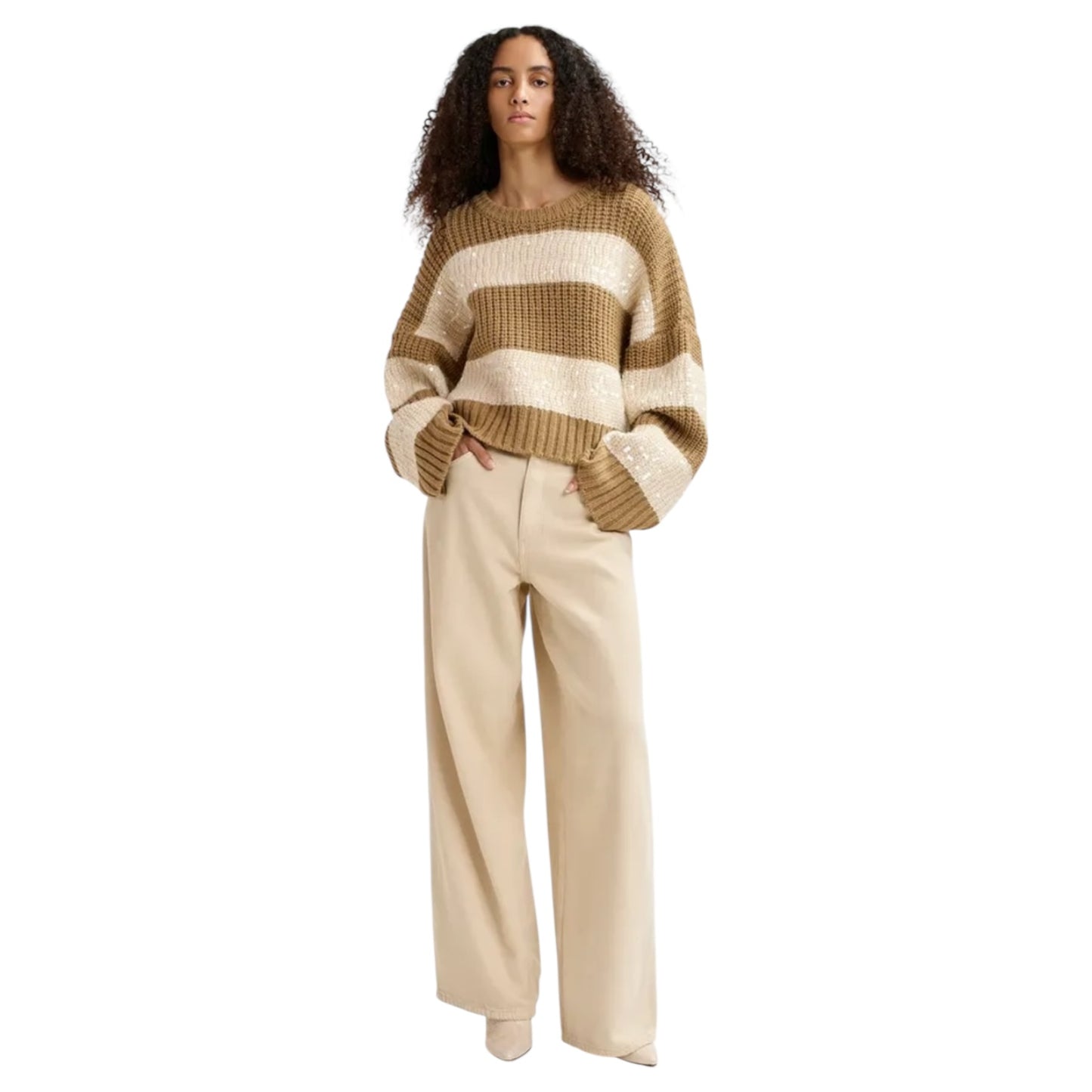Essentiel Brown and Ecru Knit Sweater with Sequin-Embellished Stripes - 14/16 - NEW