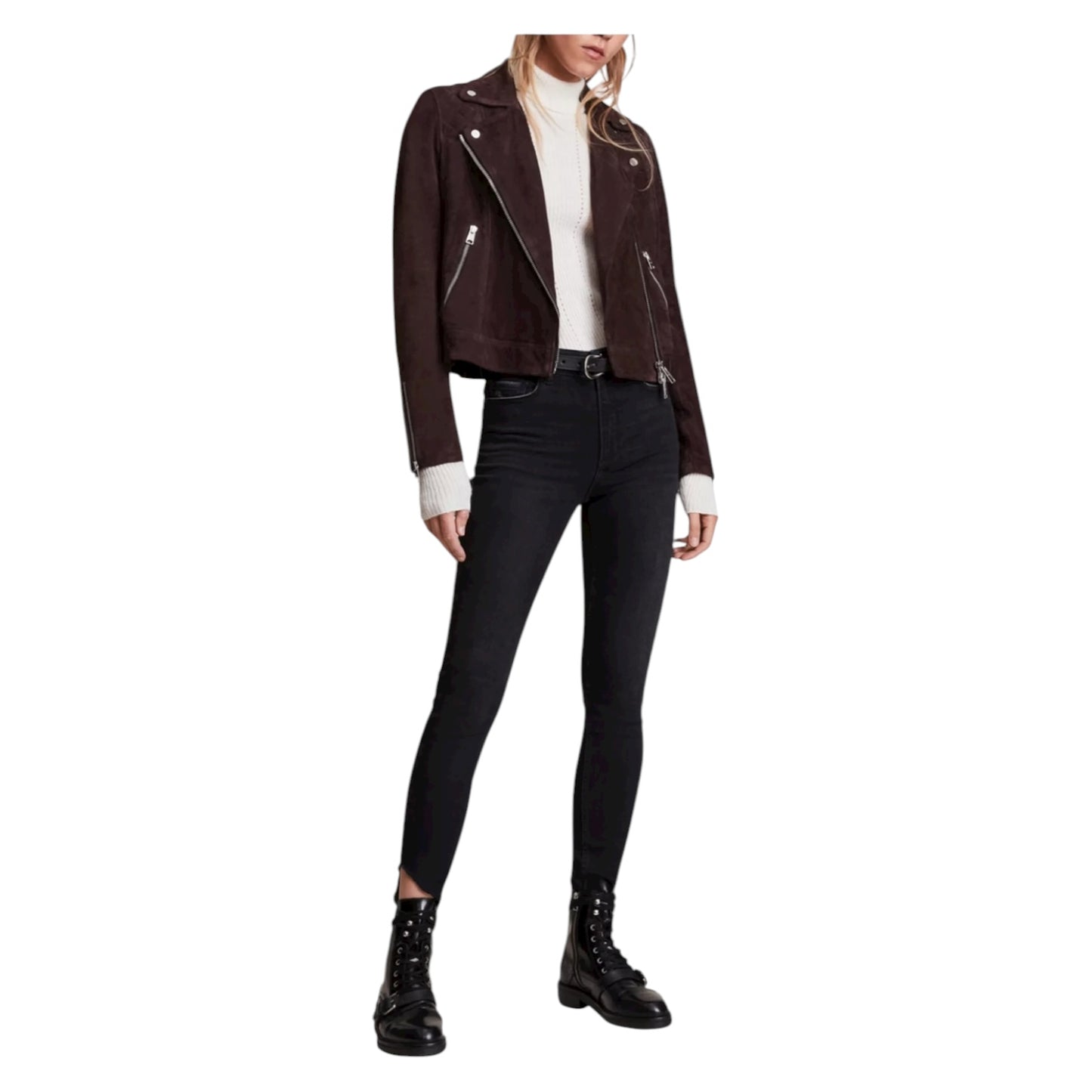 All Saints Caden Suede Biker Jacket in Oxblood Brown - 8 - NEW