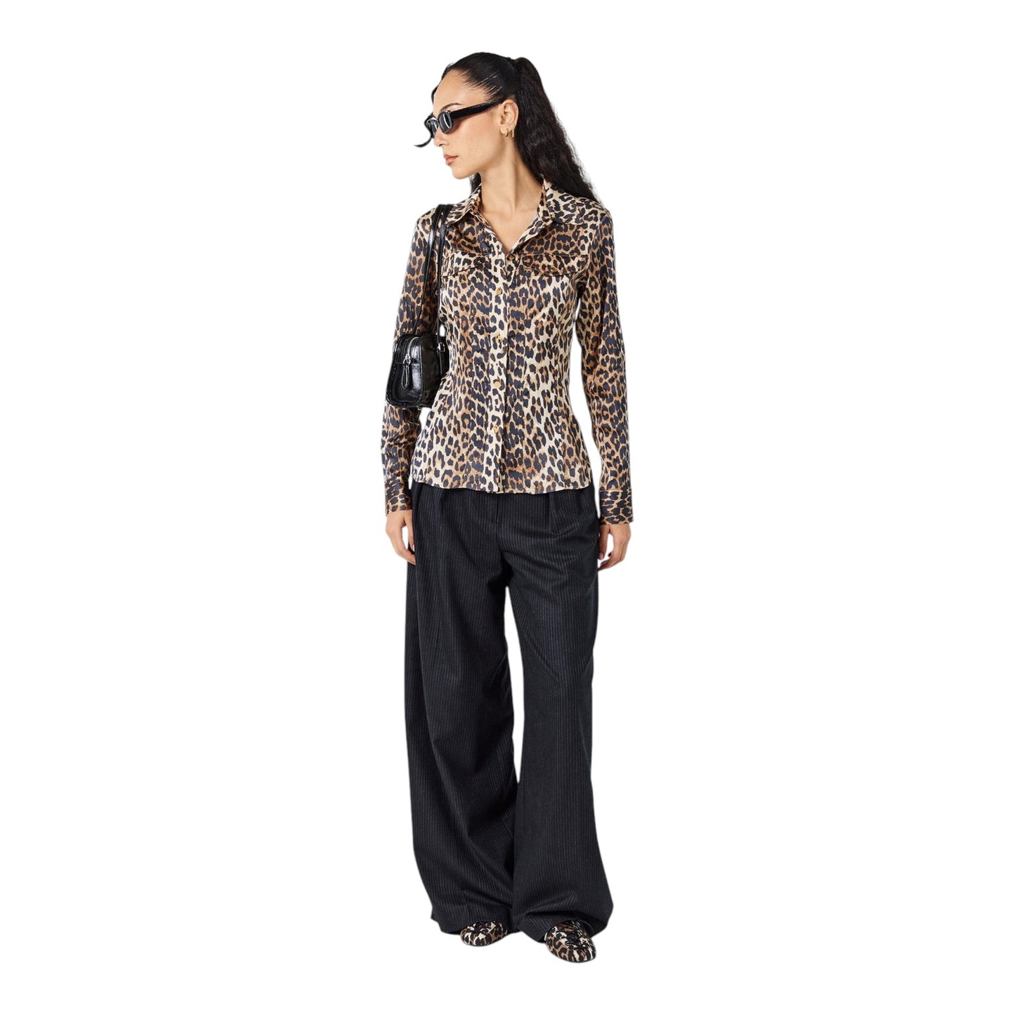 Ganni Satin Animal Print Long Sleeve Blouse - 14 - NEW