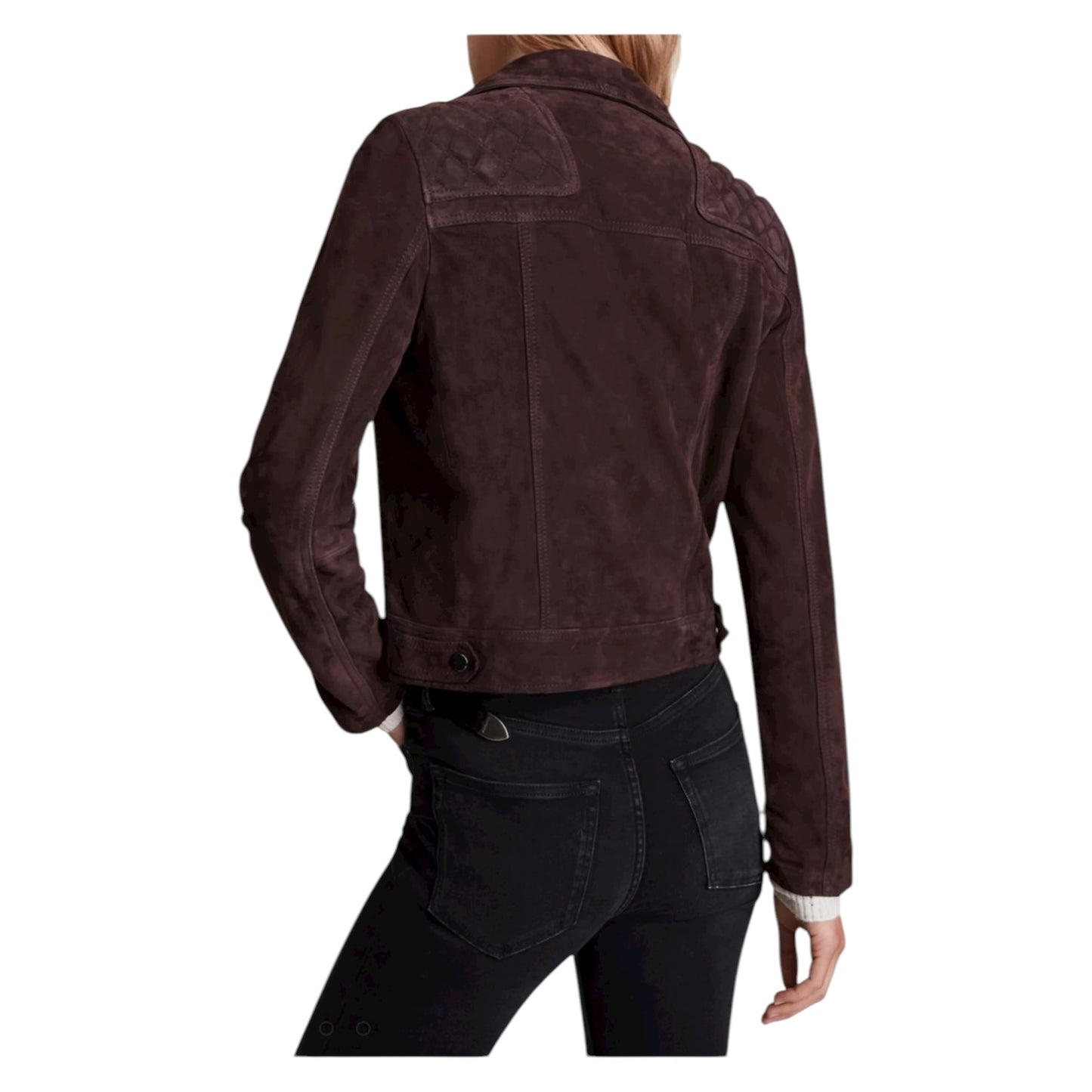 All Saints Caden Suede Biker Jacket in Oxblood Brown - 8 - NEW