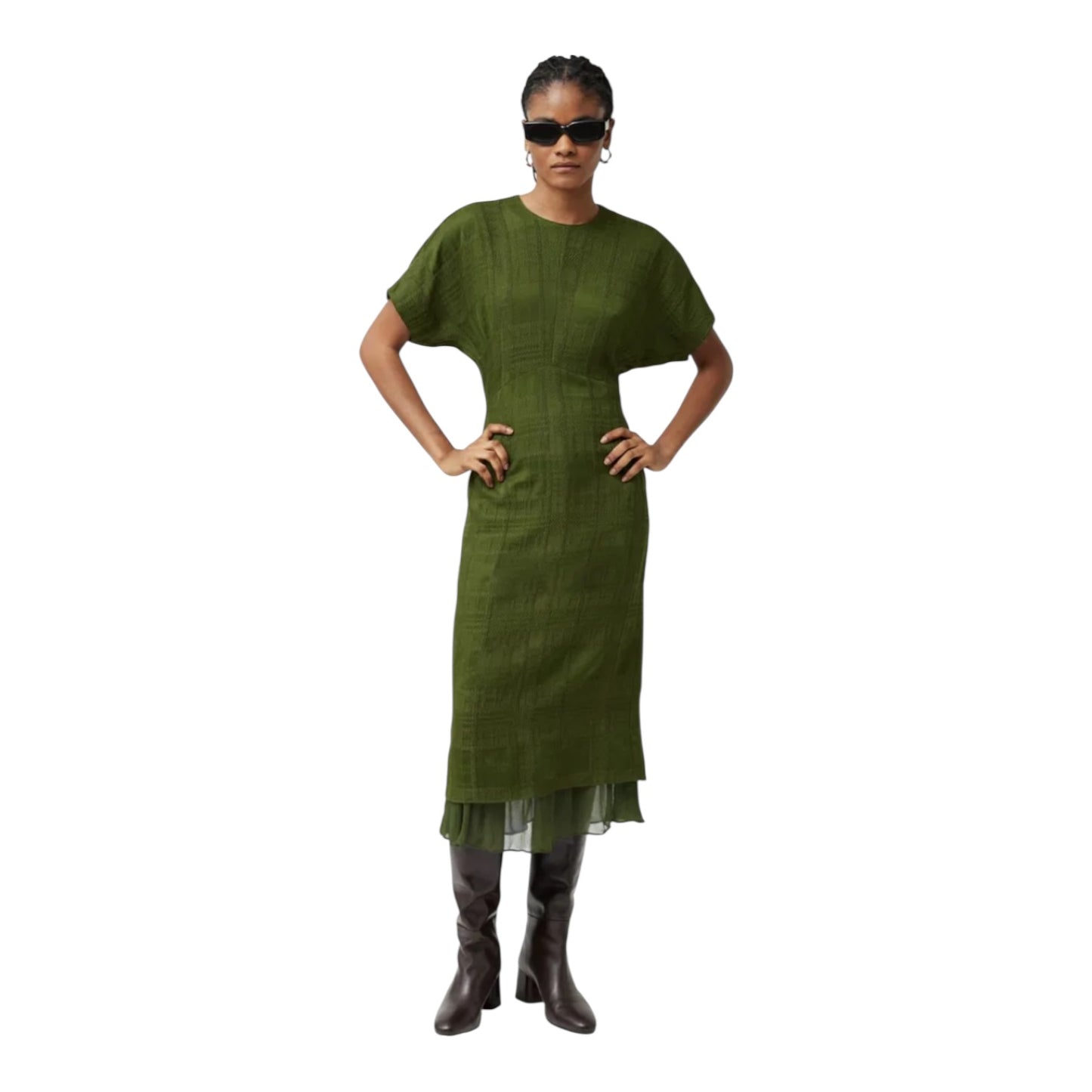 Jigsaw Khaki Textured Check Midi Dress - 10