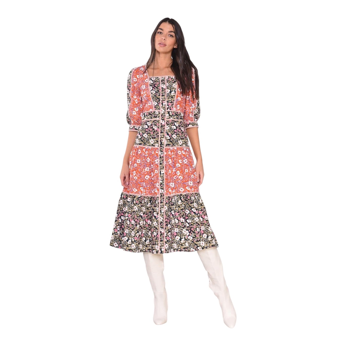 Glamorous Mixed Folk Poplin Square Neck Midi Dress - 8