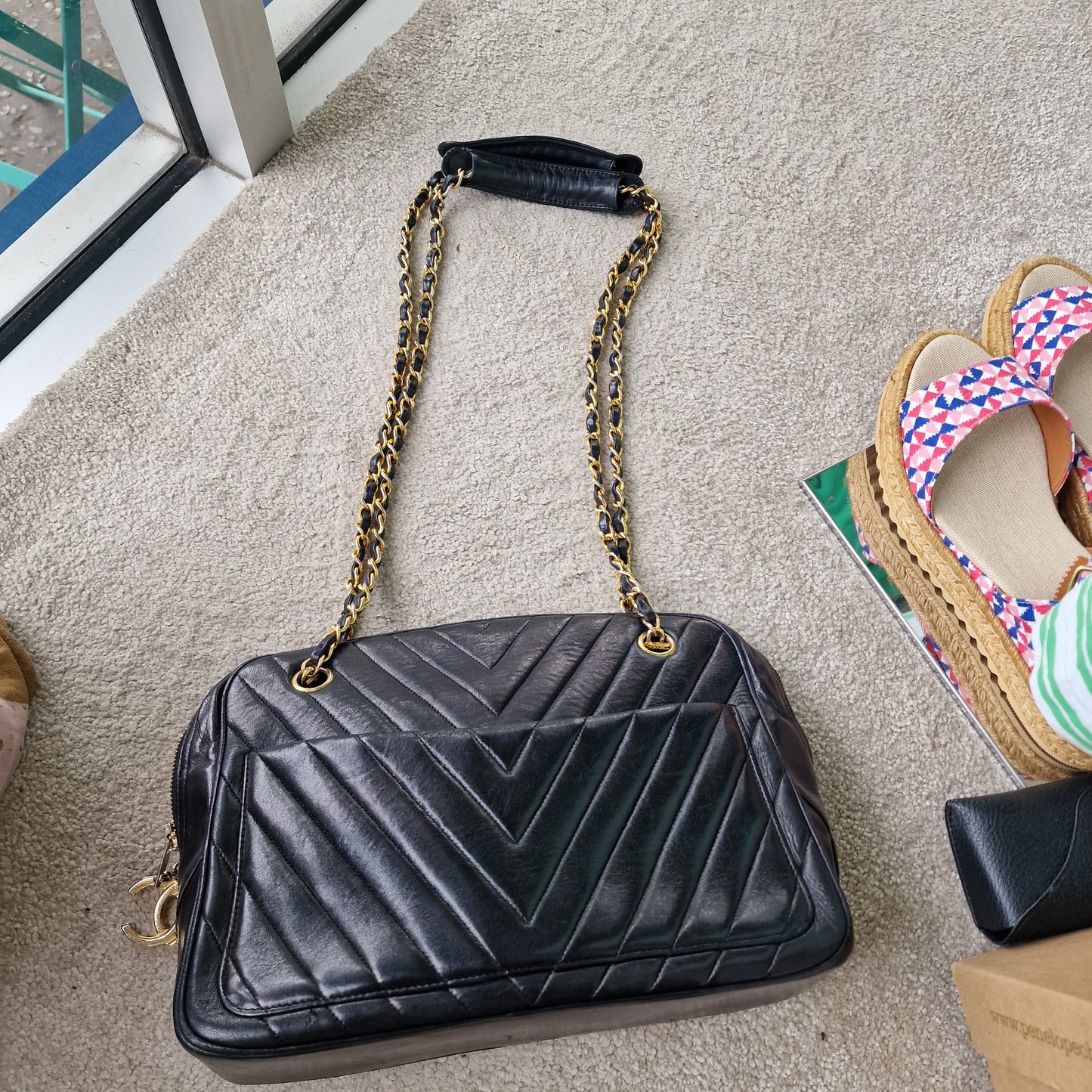 Chanel black chevron leather bag, gold chain strap - vintage