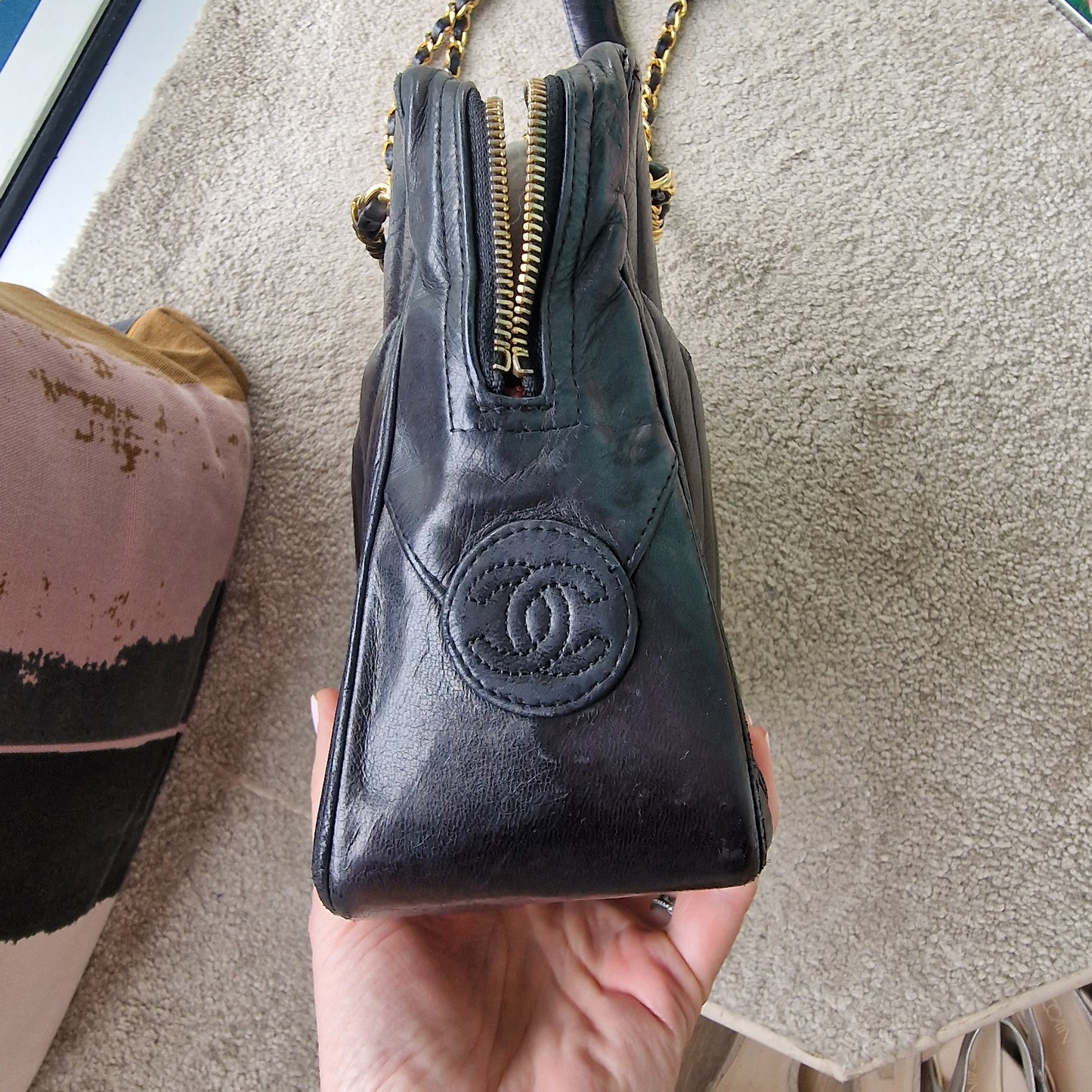 Chanel black chevron leather bag, gold chain strap - vintage