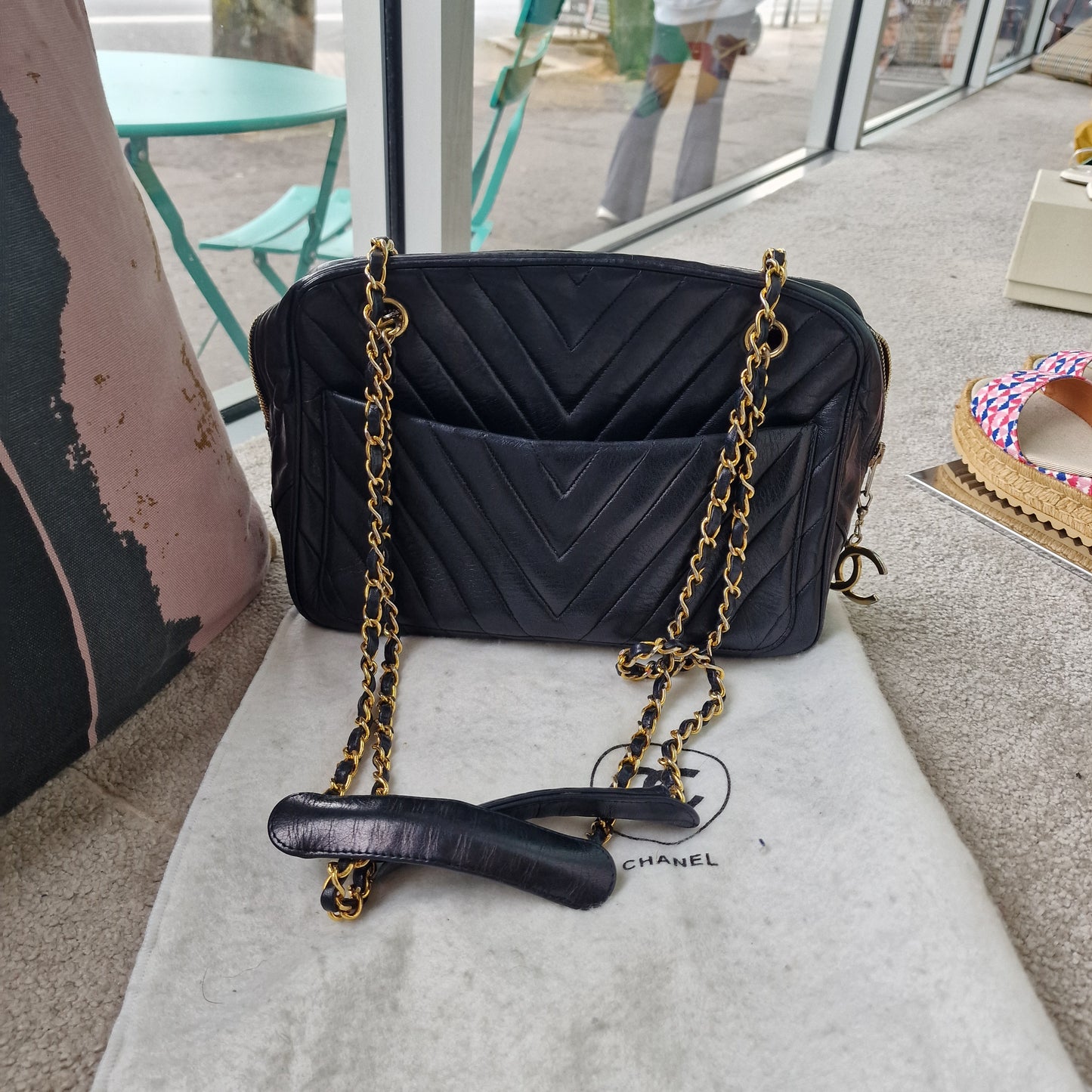 Chanel black chevron leather bag, gold chain strap - vintage