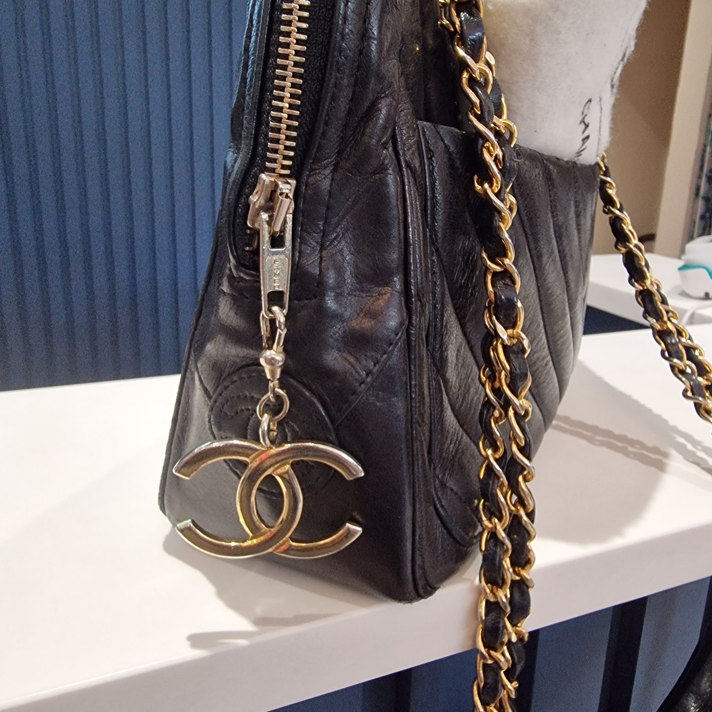 Chanel black chevron leather bag, gold chain strap - vintage