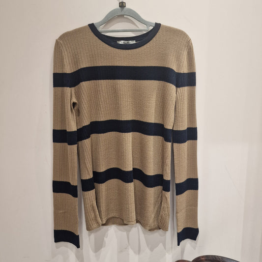 'S MaxMara round neck camel and navy stripped wool sweater, size L/UK 12