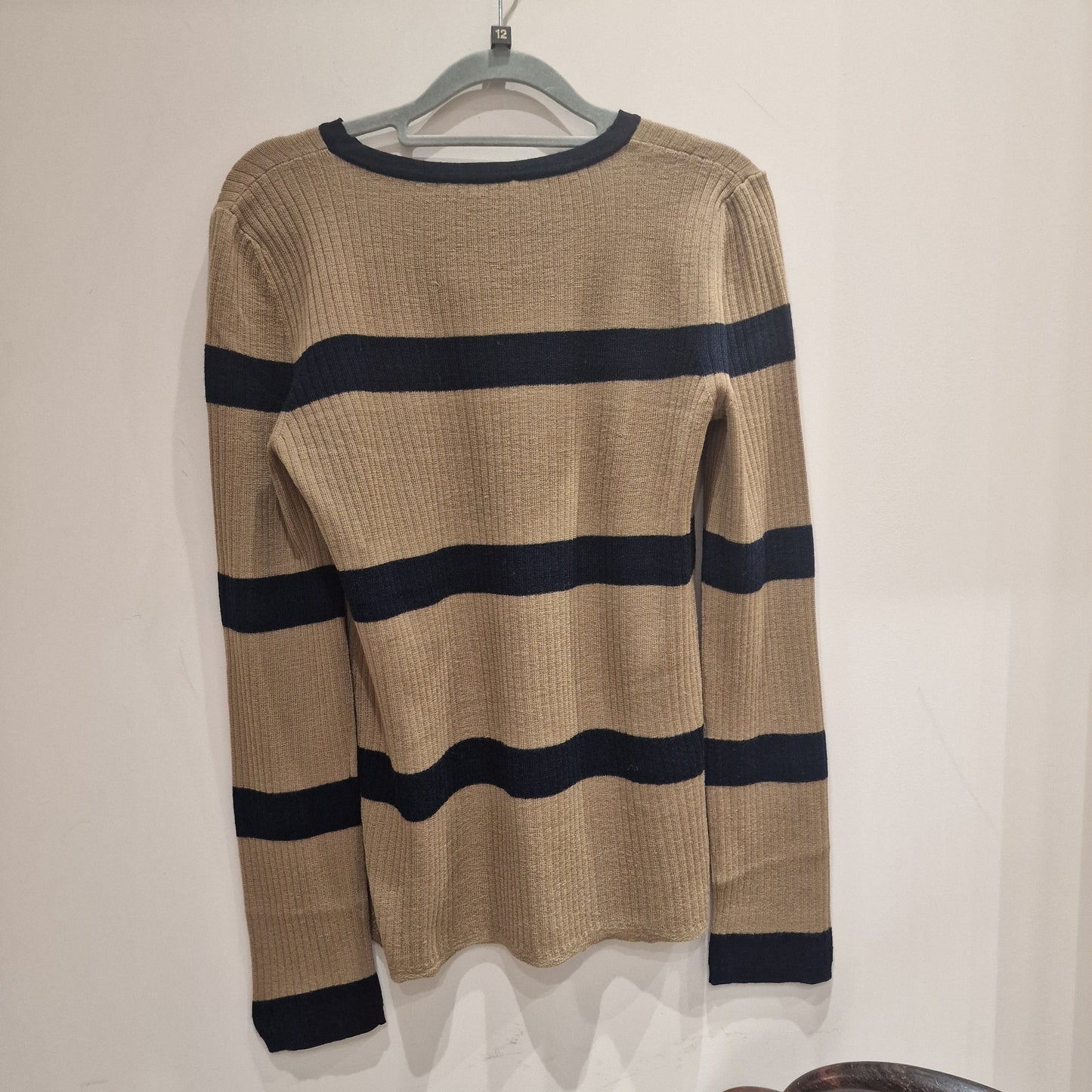 'S MaxMara round neck camel and navy stripped wool sweater, size L/UK 12