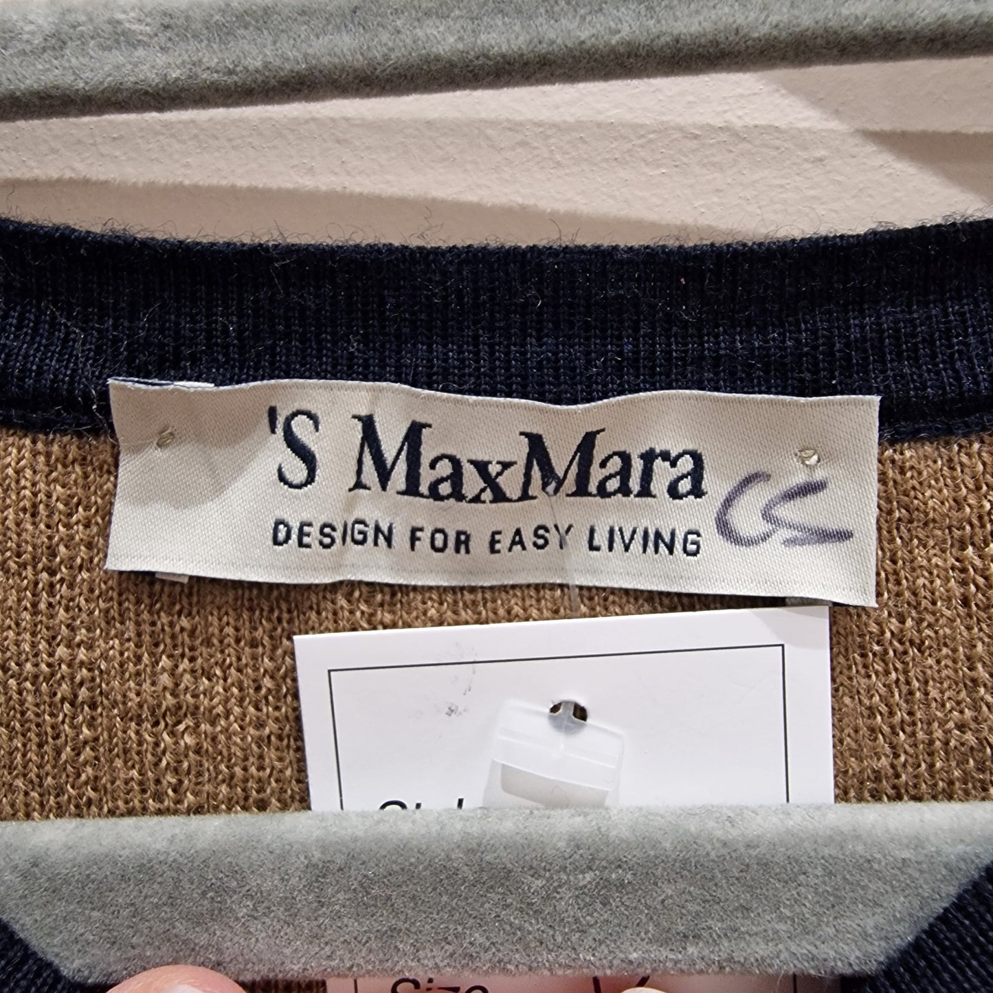 'S MaxMara round neck camel and navy stripped wool sweater, size L/UK 12