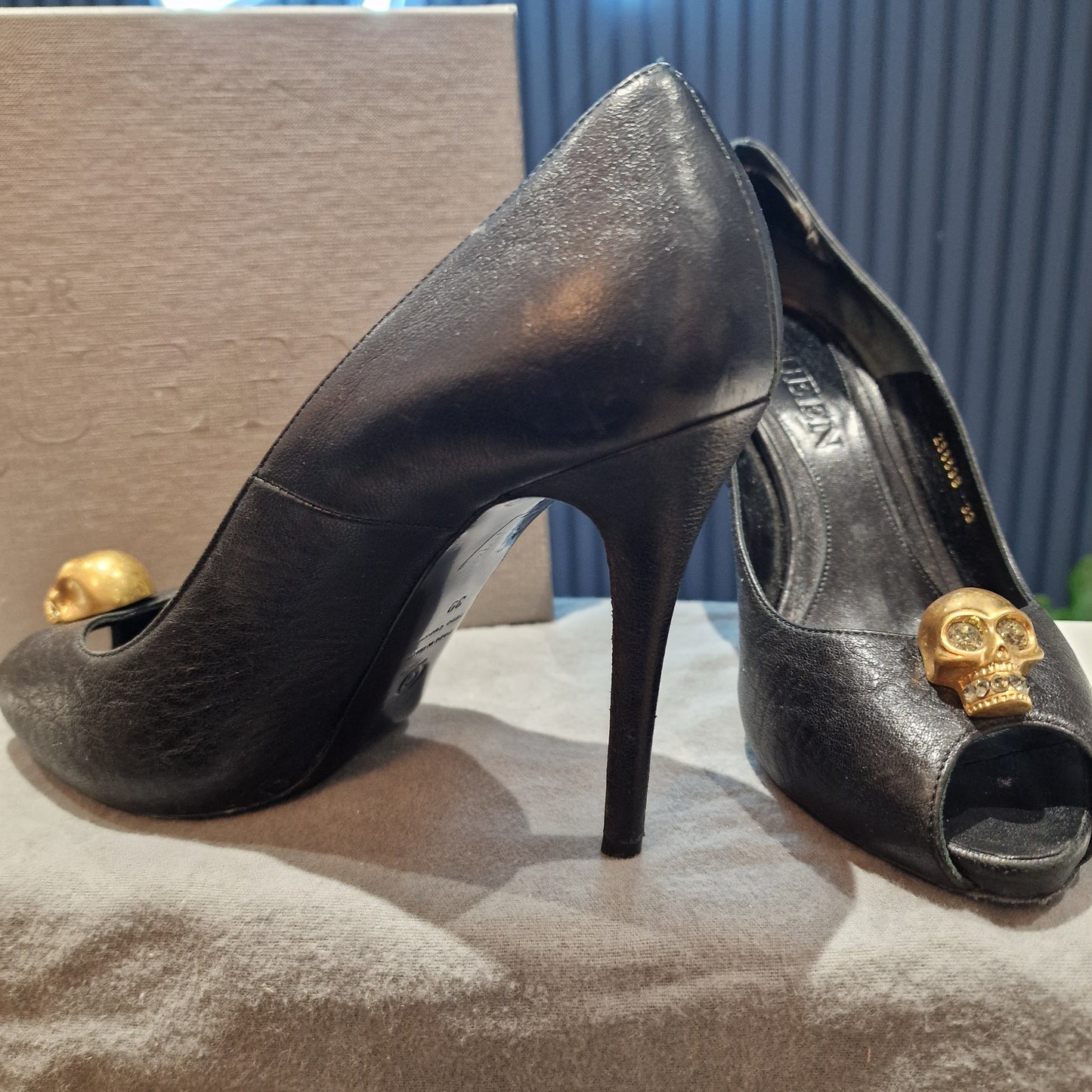 Alexander McQueen black leather peeptoe heels, gold diamante skull hardware, size 6/39