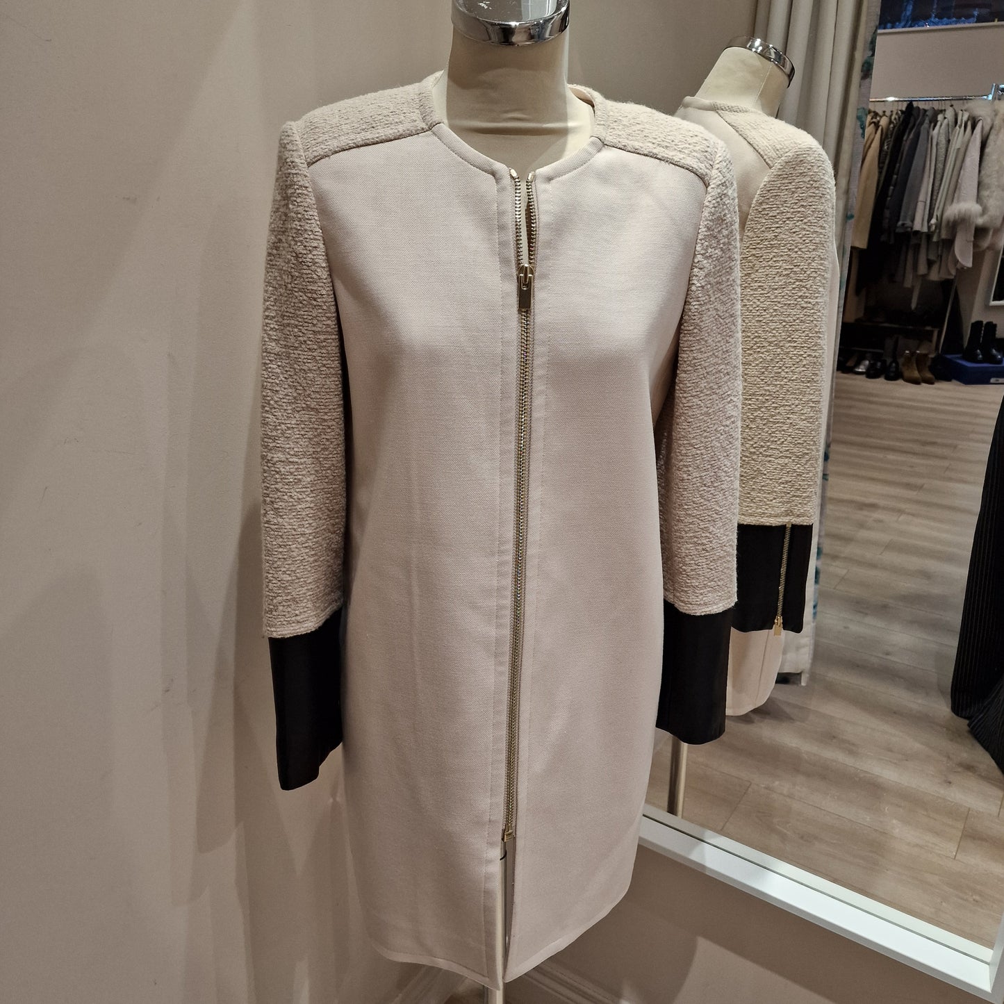 Club Monaco Cream Coat, With Black Leather Sleeves, Size S/UK10