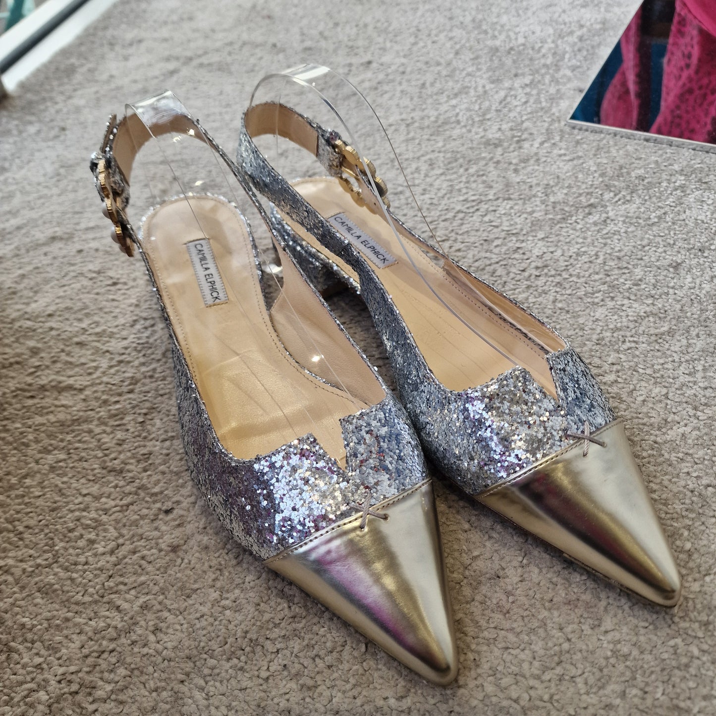 Camilla Elphick Silver Glitter and Bronze pointed slingbacks, Size 40/UK 7