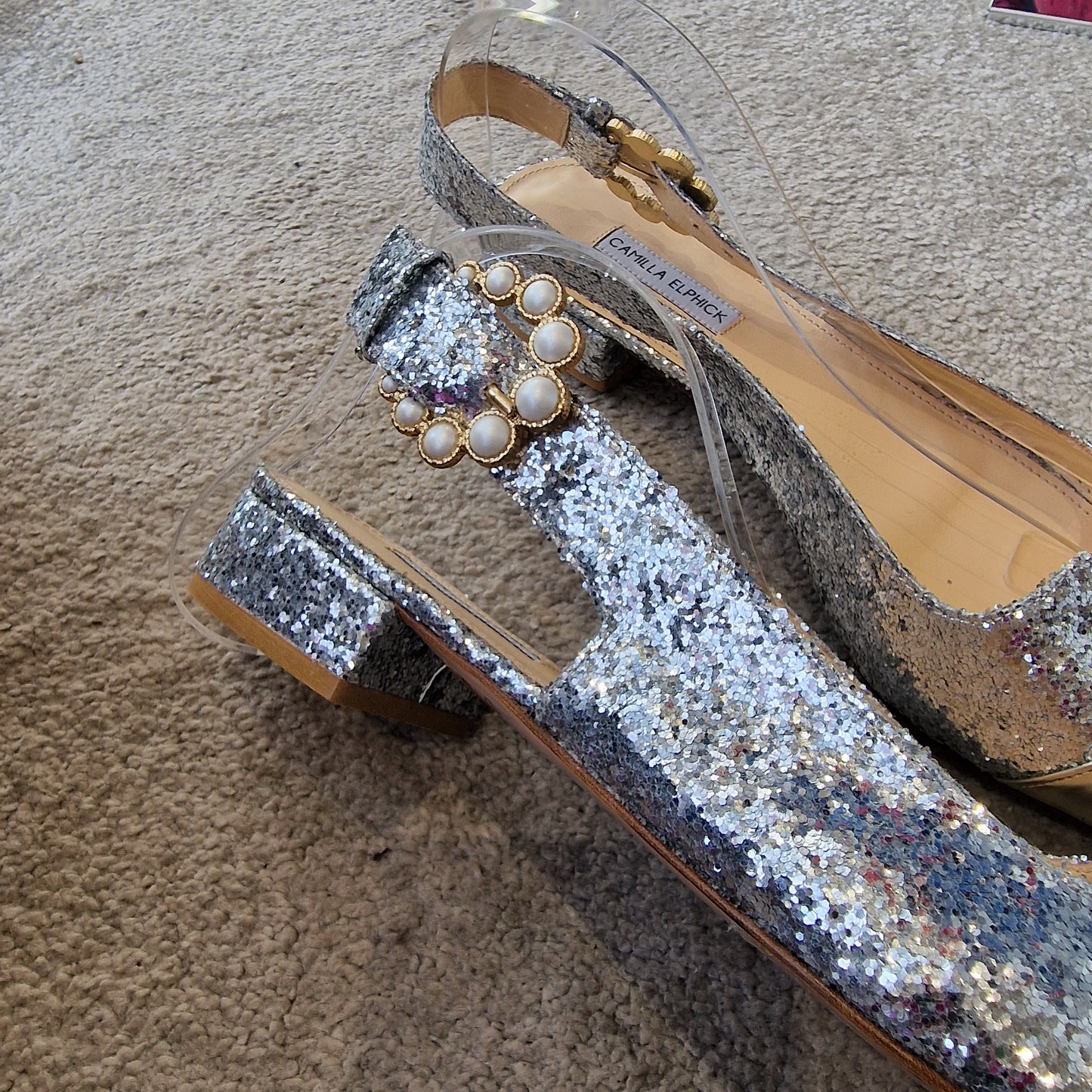 Camilla Elphick Silver Glitter and Bronze pointed slingbacks, Size 40/UK 7