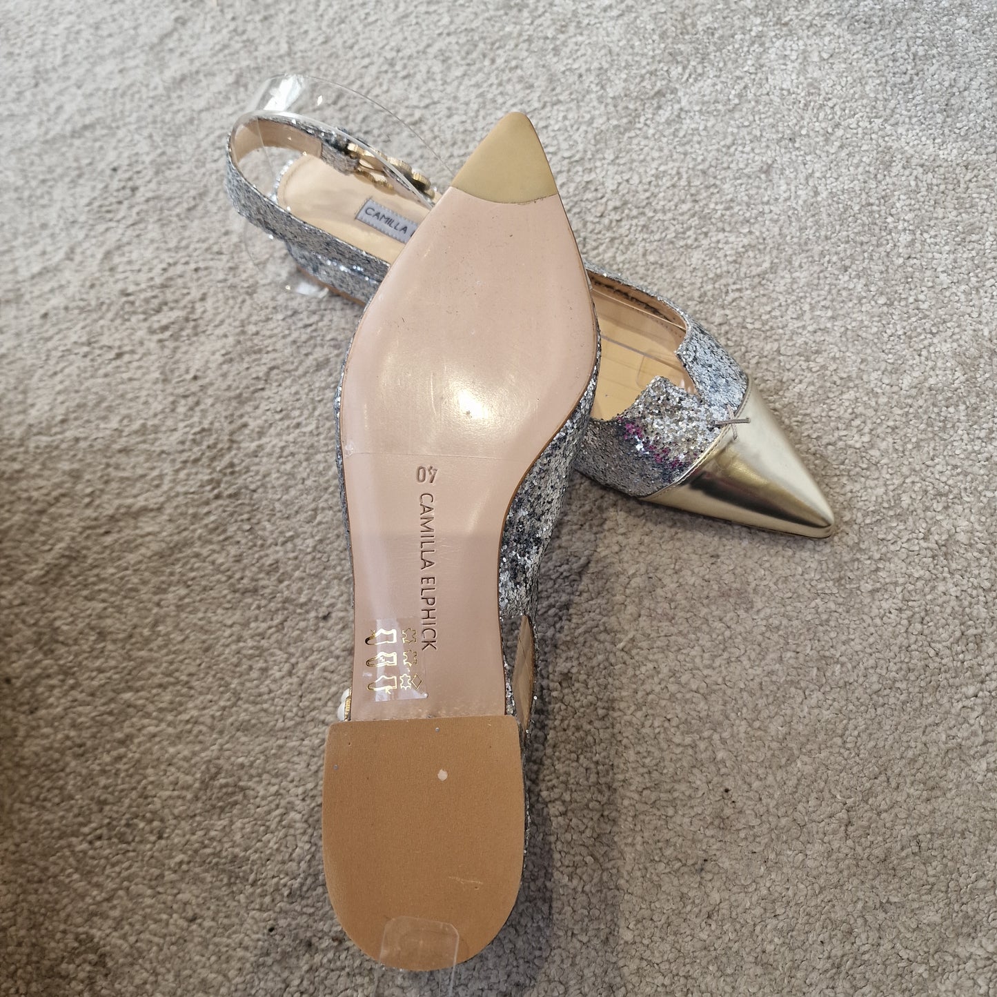 Camilla Elphick Silver Glitter and Bronze pointed slingbacks, Size 40/UK 7