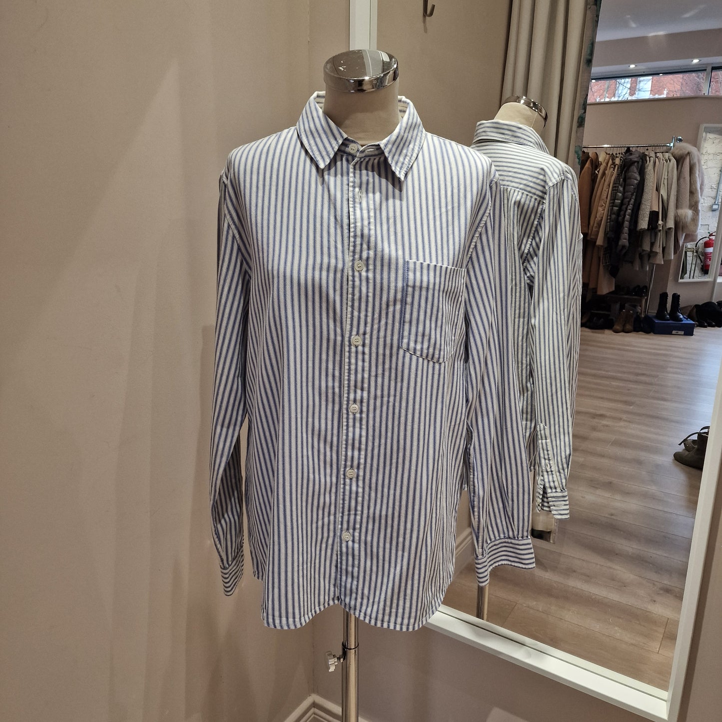 A.P.C Blue and White Stripe Cotton Shirt, Size M/UK 12