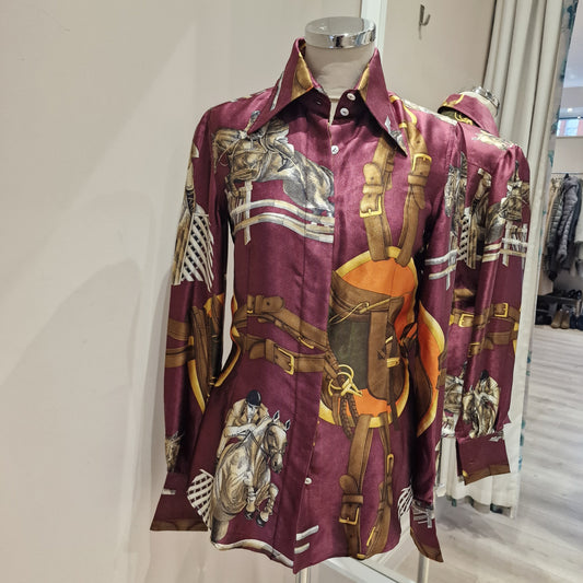 Dolce and Gabbana Maroon Equestrian Print Silk Blouse, Size 10/It 42