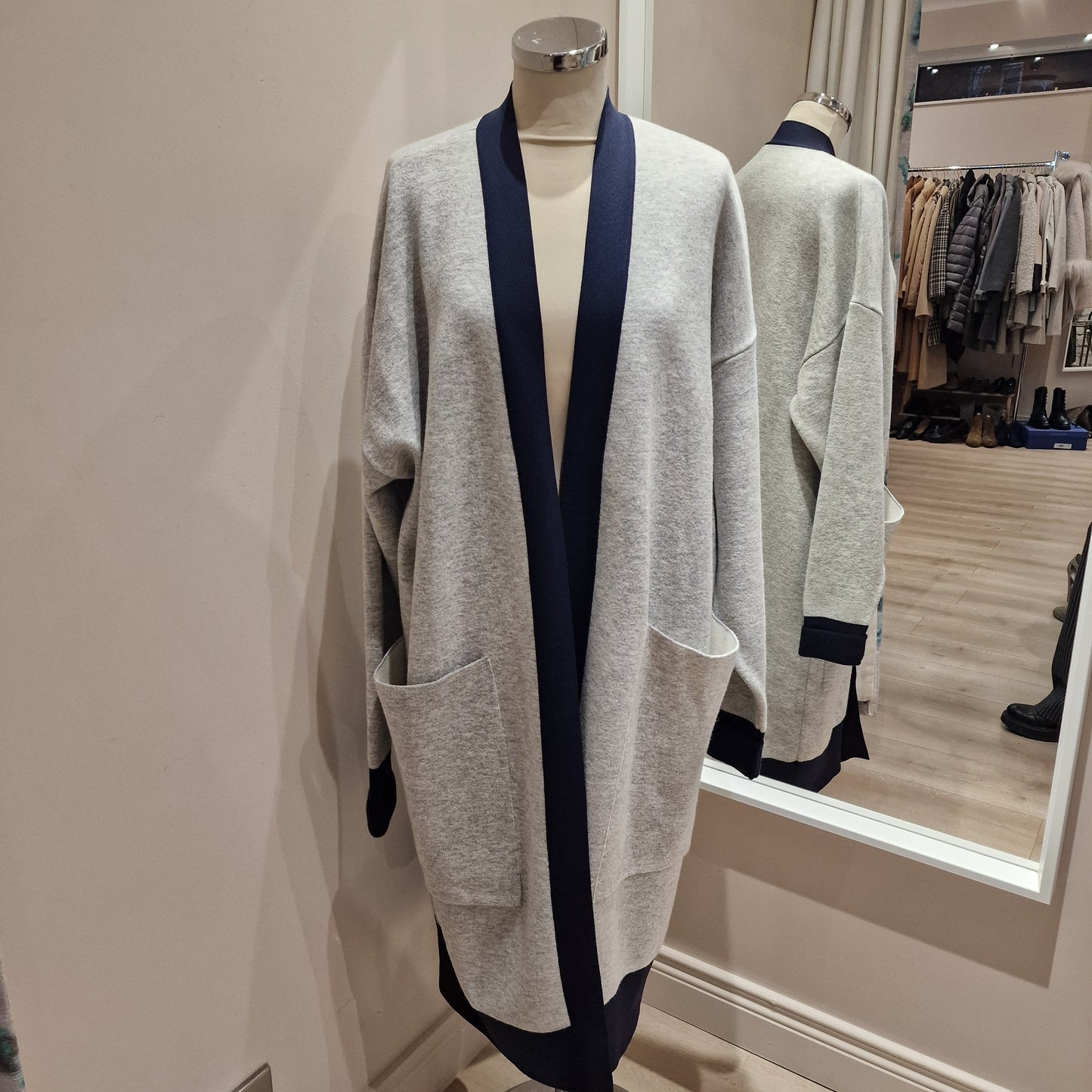 Joseph Pale Grey Wool Blend Long Cardigan, Navy Trim, XS/Fits 10/12/14