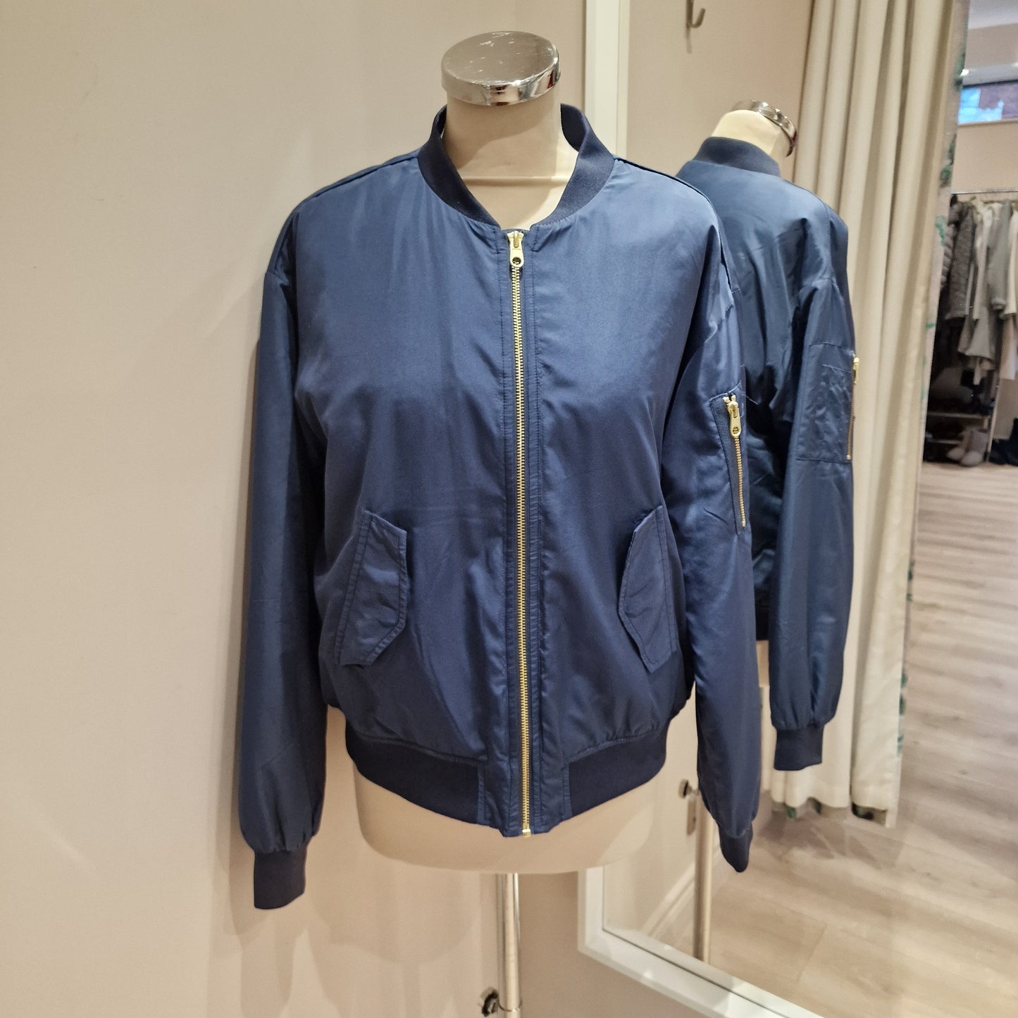 Coster Navy Satin Bomber Jacket, Size 10/12