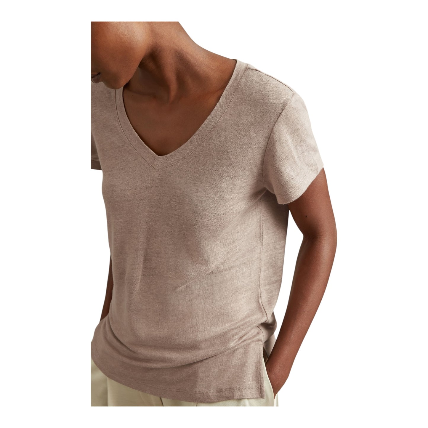Reiss Lottie Linen V Neck T-Shirt in Mink - 12