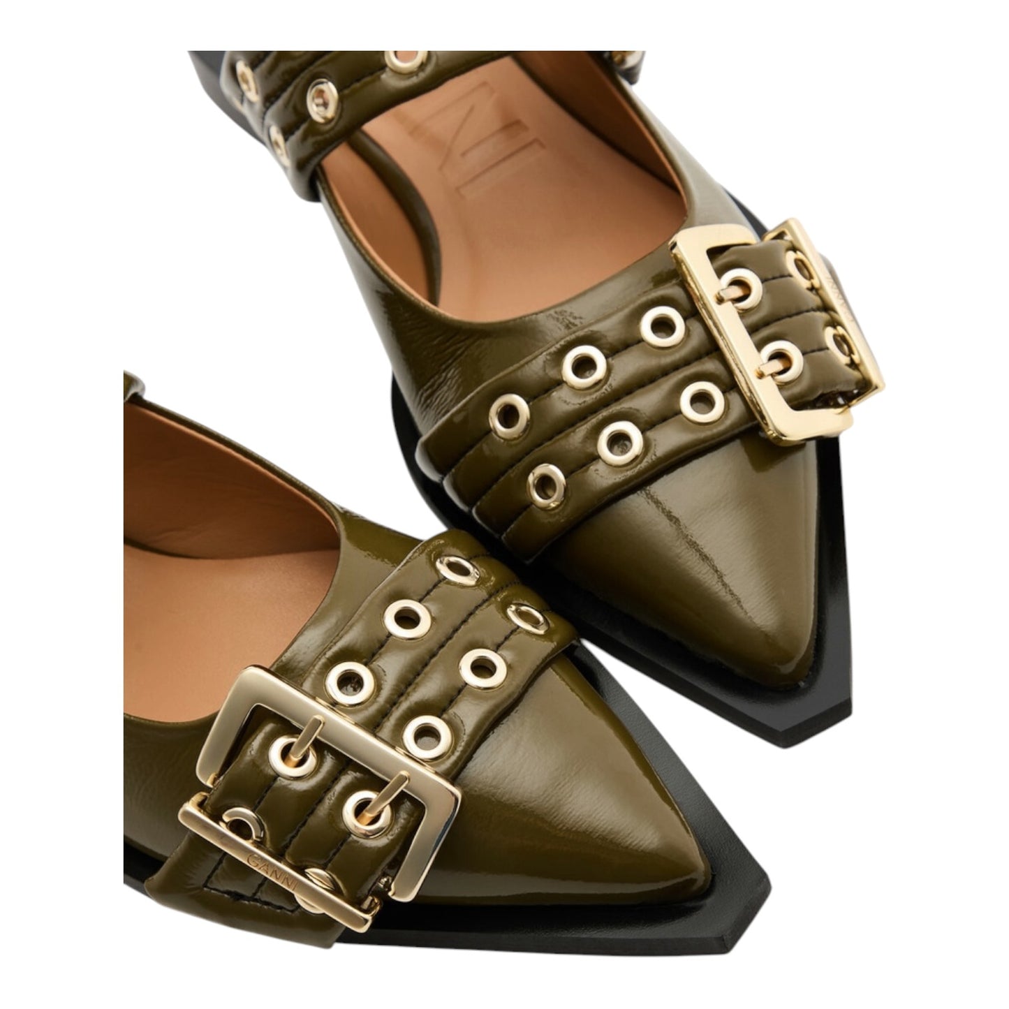 Ganni Khaki Buckle Ballerina Patent Slingback Flats - 37/4 - NEW