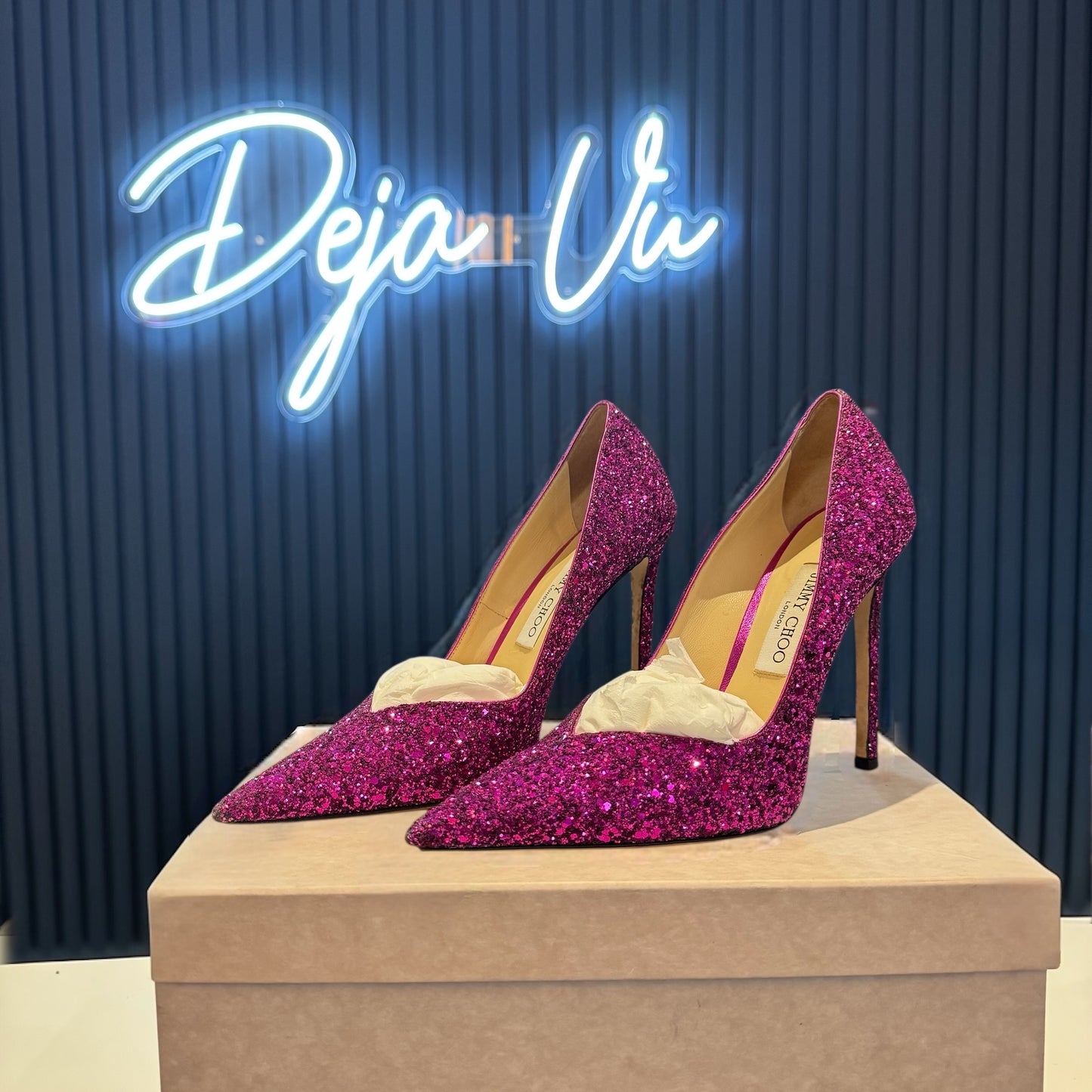 Jimmy Choo Fuchsia Pink Sparkle Casse 110 Heels - 39.5 / 6.5